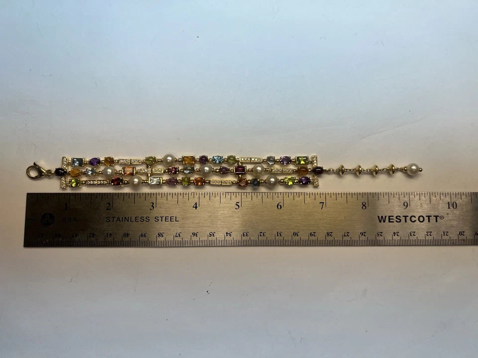 Modern Gold Natural Diamond and Multi Color Cabochon Gem Three Strand Bracelet