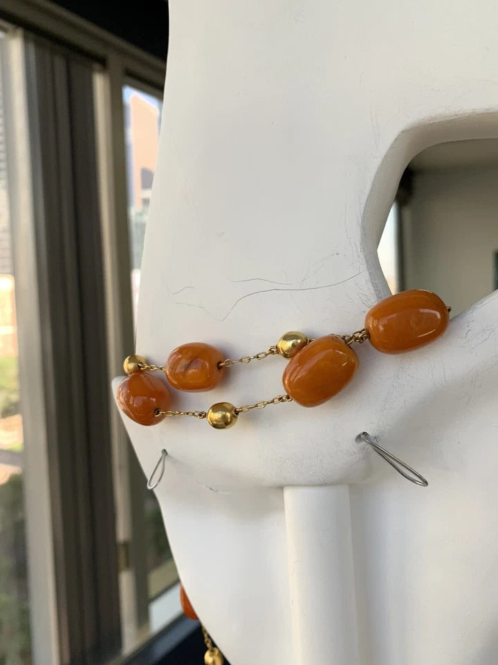 Gold Retro 38" Natural Butterscotch Egg Yolk Amber Gem Necklace Bead Circa 1950