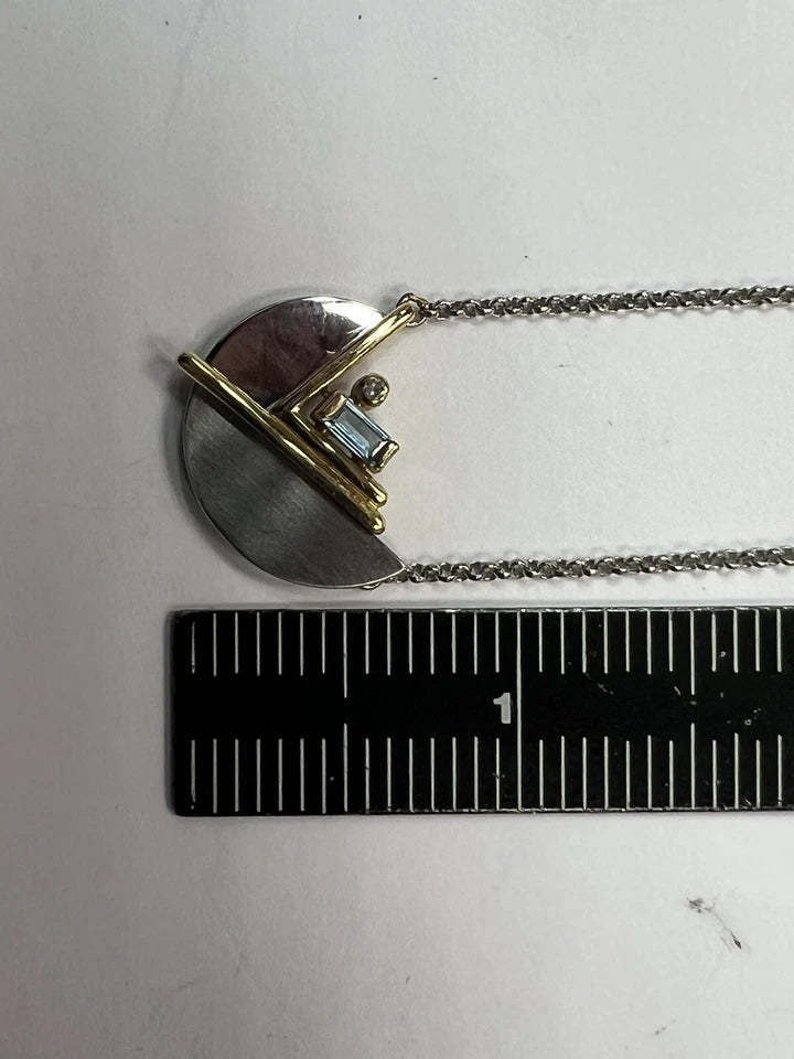 Art Deco Two Tone Gold Natural Diamond & Blue Topaz Pendant Necklace Circa 1960