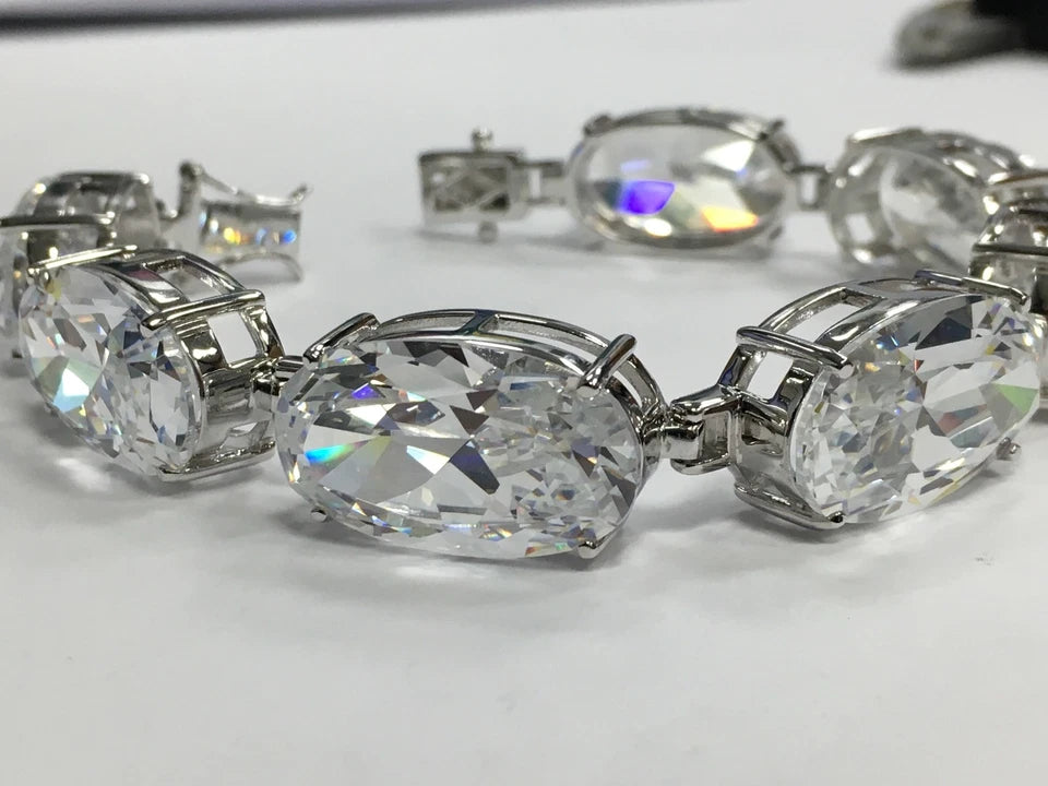 400ct! 925 Silver Large Bracelet Simulant 24x14mm Oval Gem Stone Estate