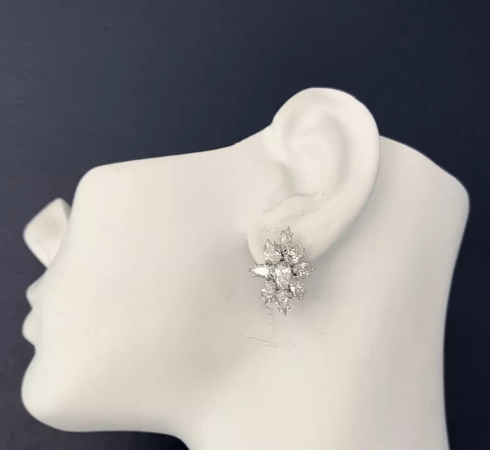 Retro Gold 7 Carat GIA Certified Natural Colorless Diamond Cluster Earrings 1950
