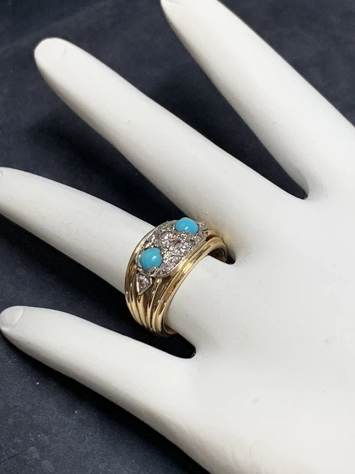 Retro Birks Gold Cocktail Ring 0.45 Carat Natural Diamond & Turquoise Circa 1960