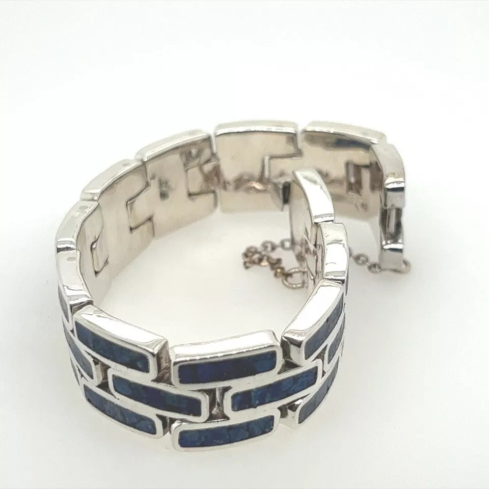Vintage Taxco Inlayed Sodalite 925 Silver Bracelet 59 grams Made in Mexico