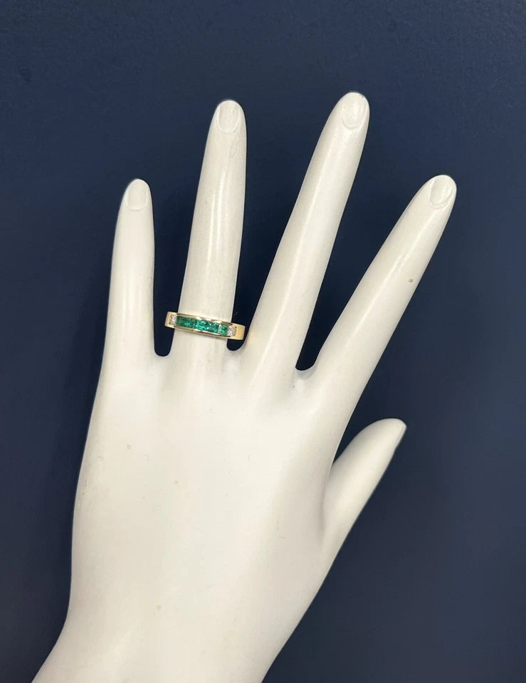 Retro Gold 1.3 Carat Natural Green Emerald and Colorless Diamond Band Circa 1980
