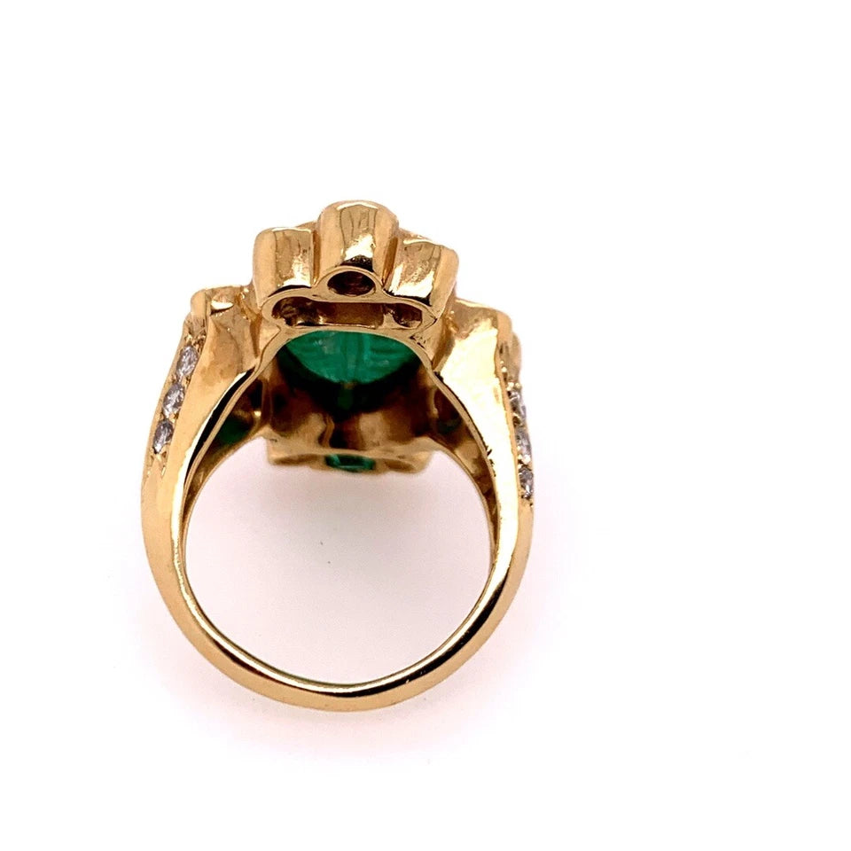 Retro Gold Ring 6 Carat Natural Carved Emerald, Diamond Cocktail Ring Circa 1950