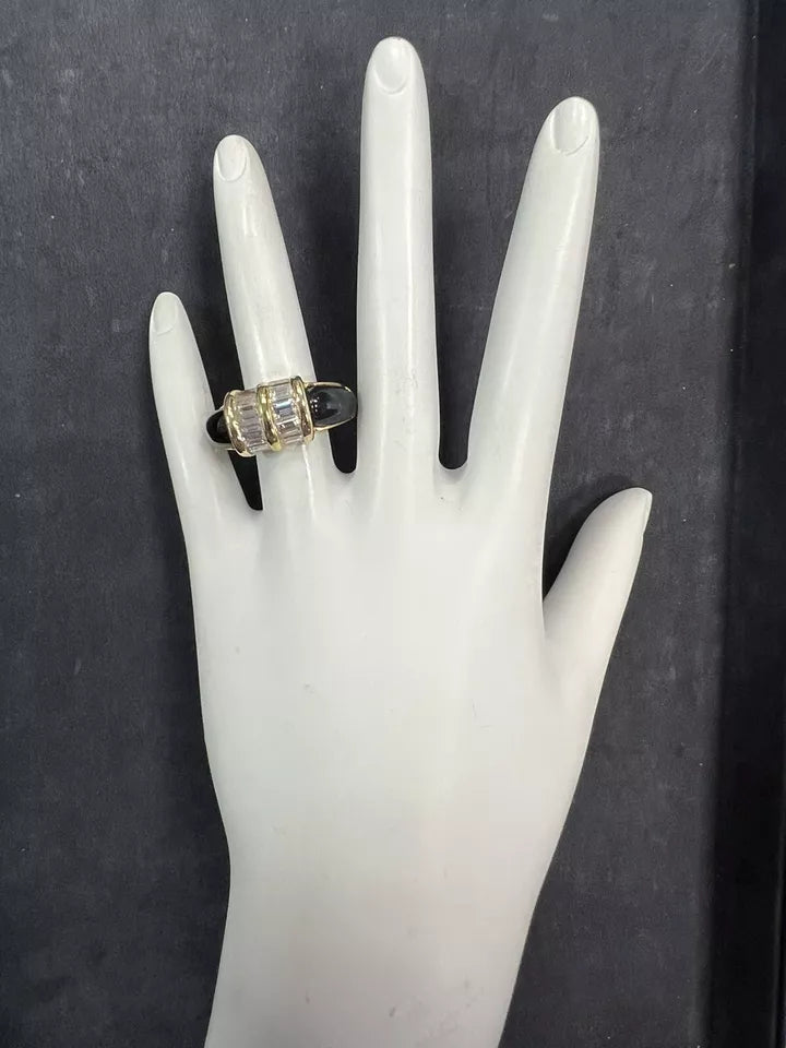Retro Gold 2.50 Carat Natural Baguette Diamond & Onyx Cocktail Ring Circa 1960