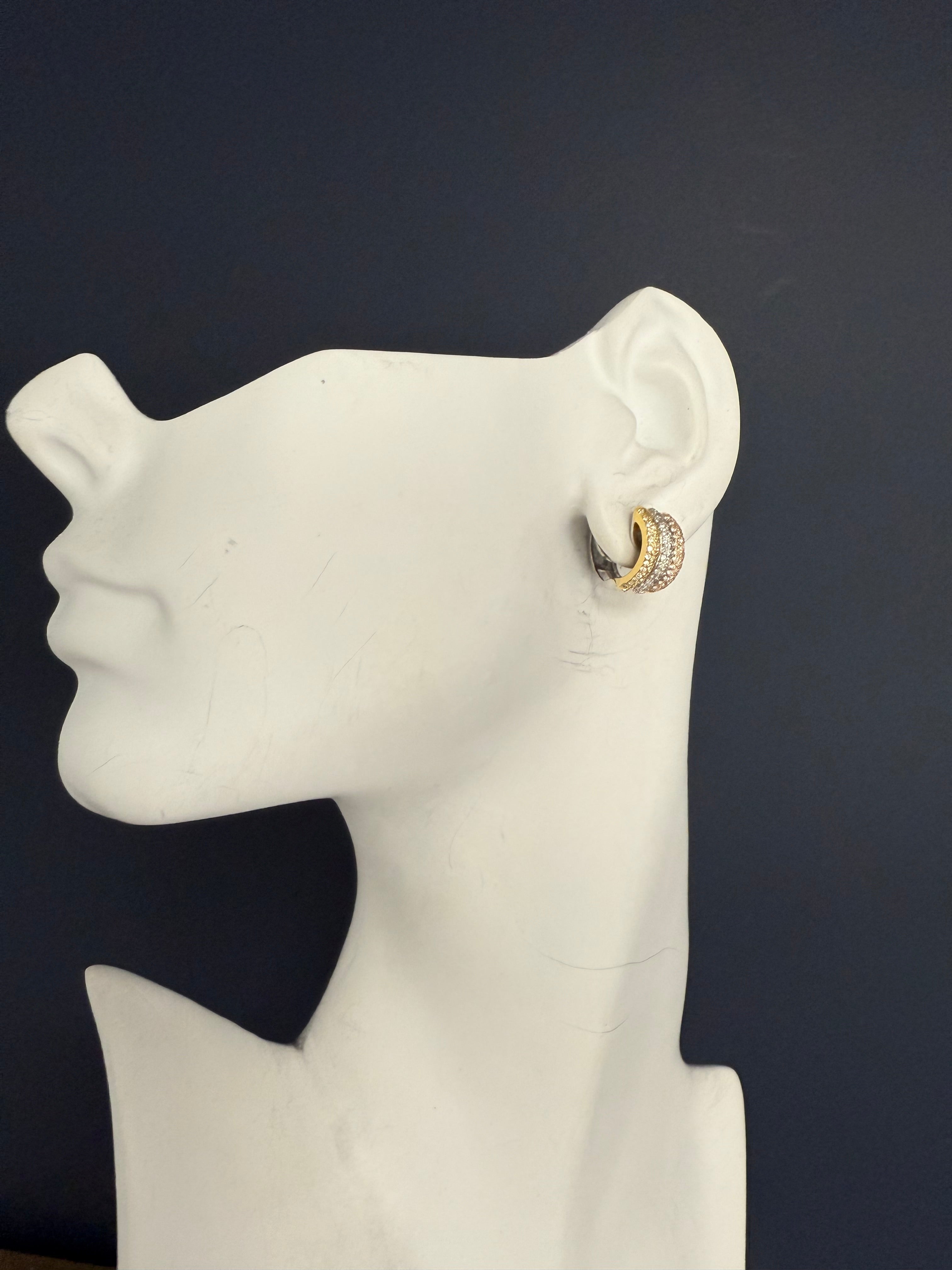Modern Gold Tricolor Huggie Earrings with 1.50ct Natural Diamonds