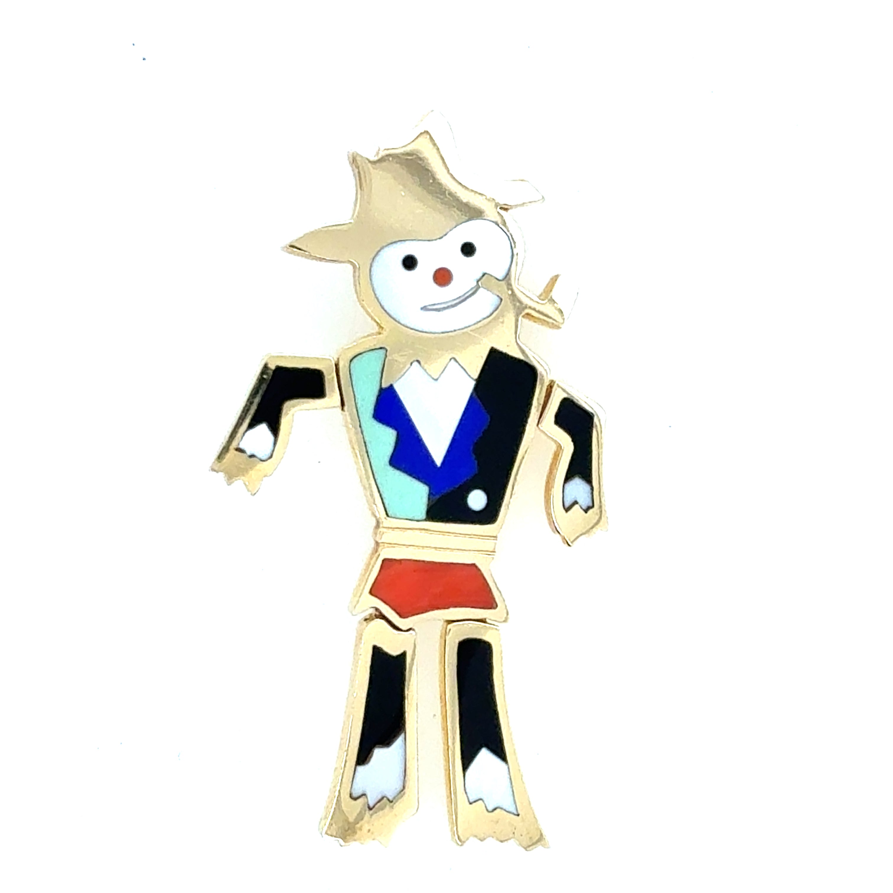 Retro Yellow Gold Snowman Pin Brooch Lapis Onyx MOP Inlay Circa 1990