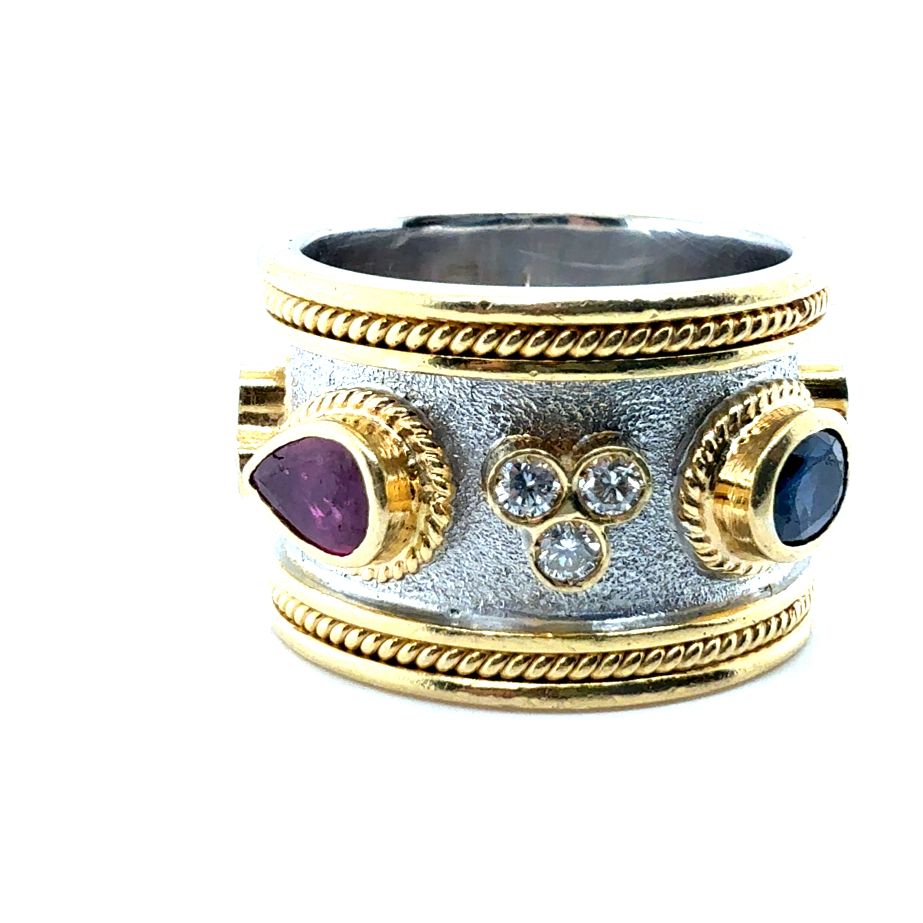 Retro Two-Tone Gold Natural Multi Color Gem & Diamond Statement Band