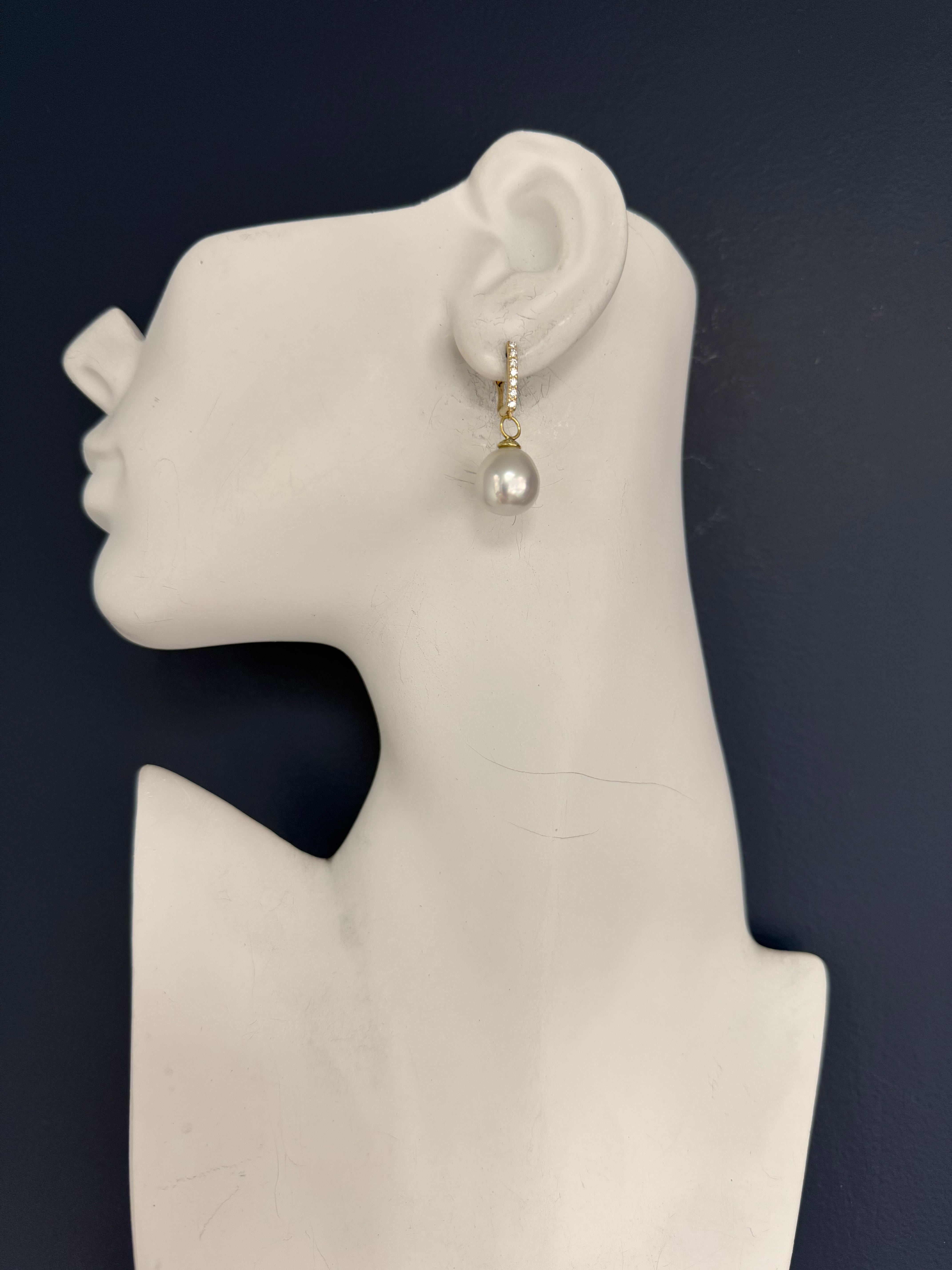 Modern Gold .35 Carat Natural Diamond & 12.5mm South Sea Pearl Drop Earrings
