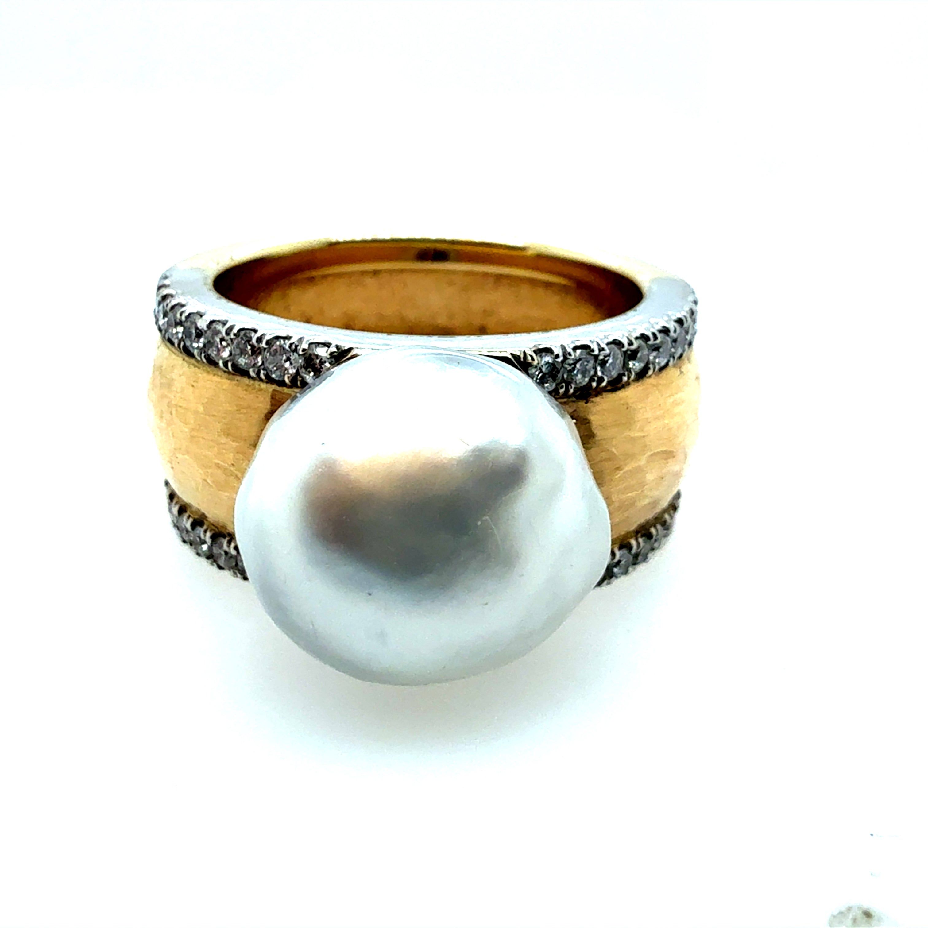 Retro Two-Tone Gold Natural Diamond & South Sea Pearl Statement Ring Circa 1980s