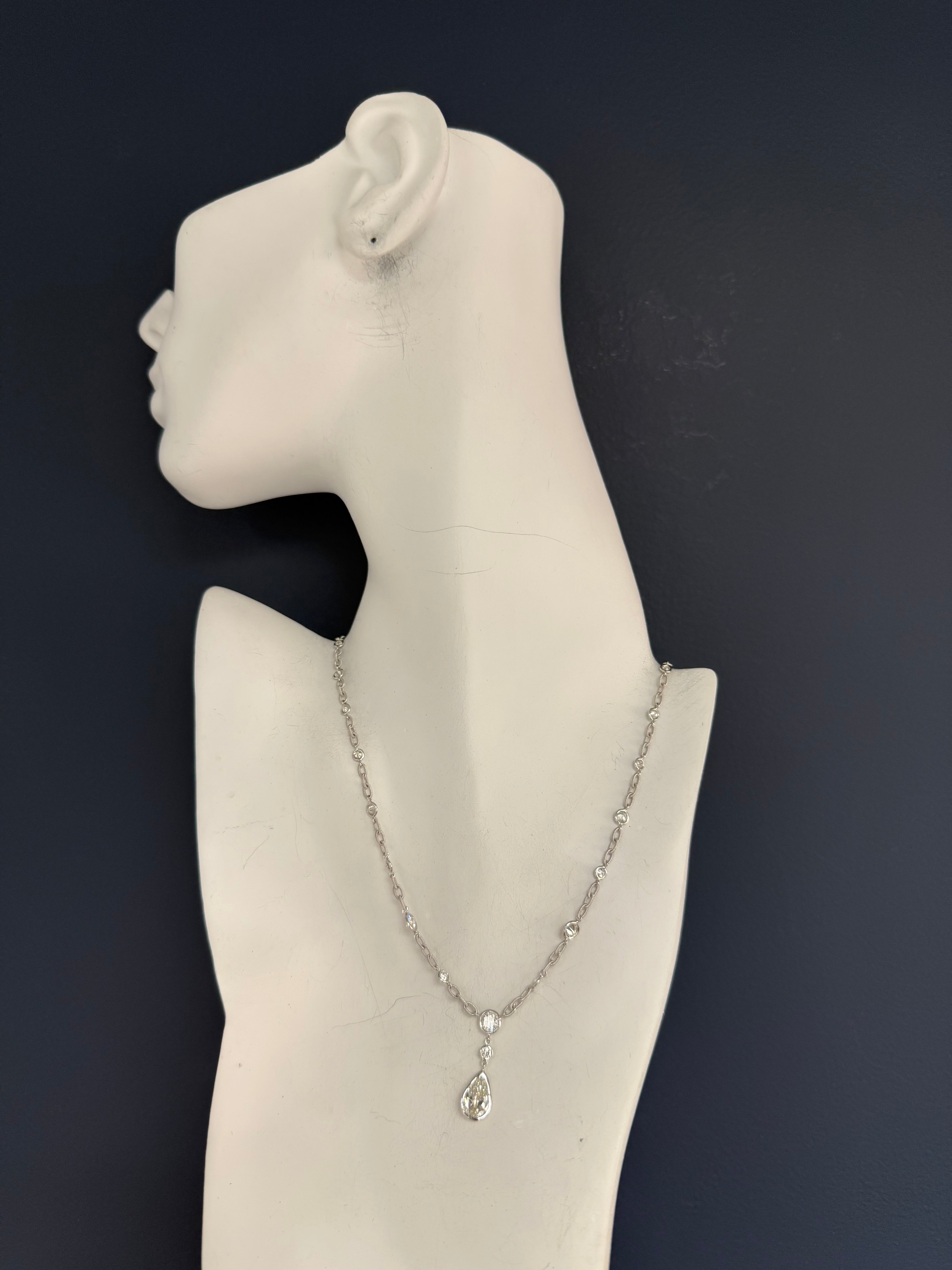 Retro Gold 3.58 Carat GIA Certified Pear & Round Natural Diamond Necklace 1990