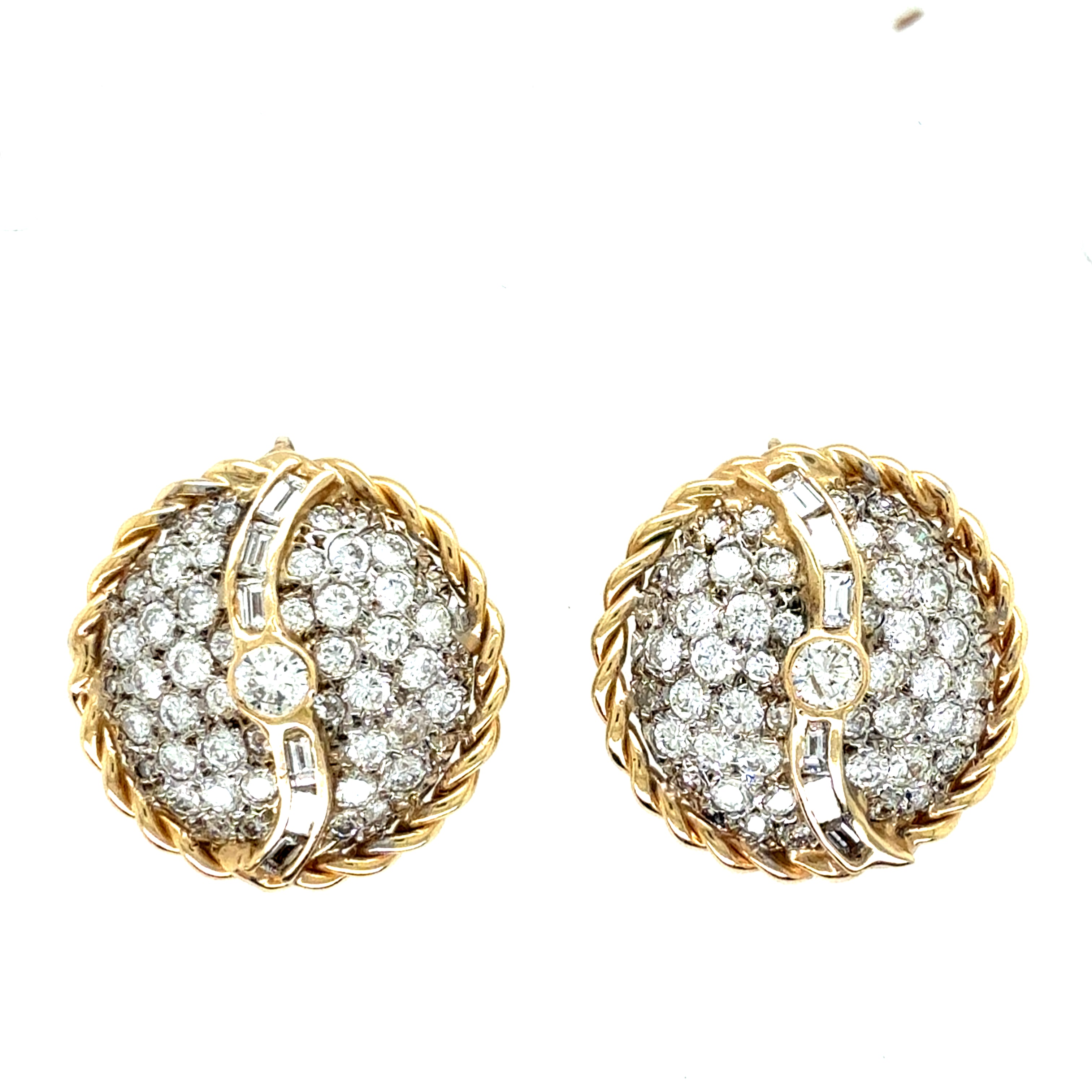 Retro Gold 3 Carat Natural Round & Baguette Colorless Diamond Earrings