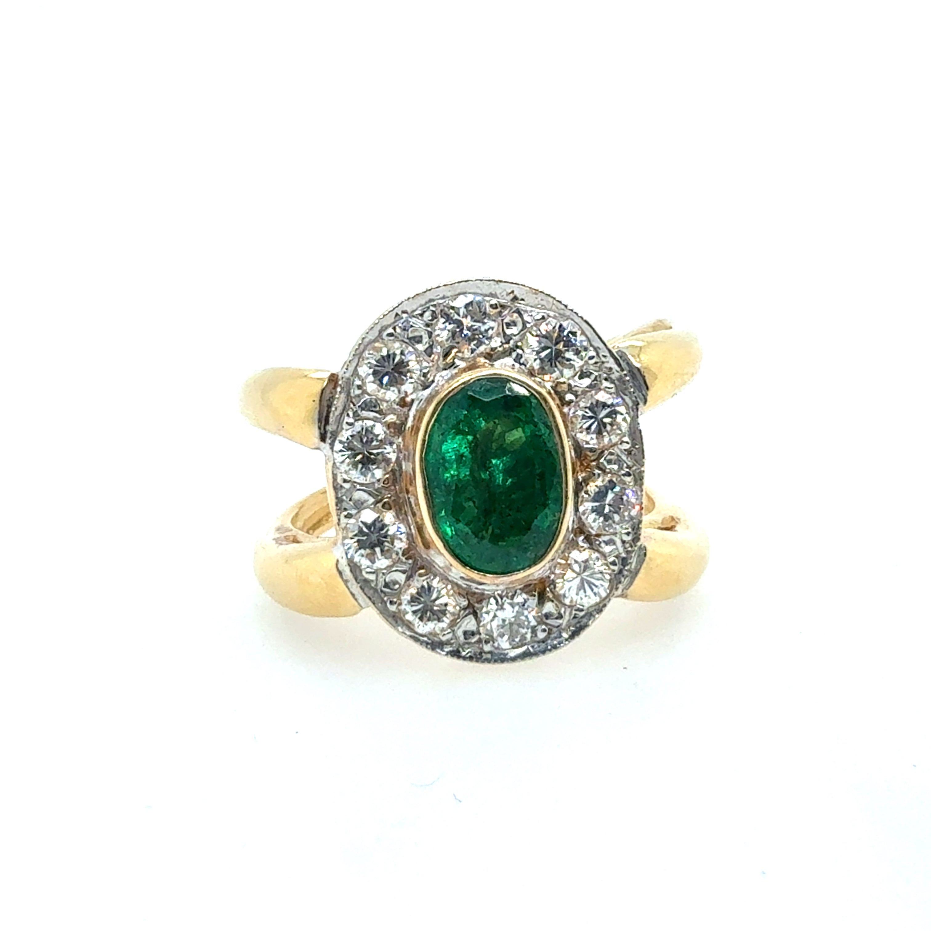 Retro 18K Yellow Gold Emerald & Diamond Split Shank Statement Ring Circa 1985