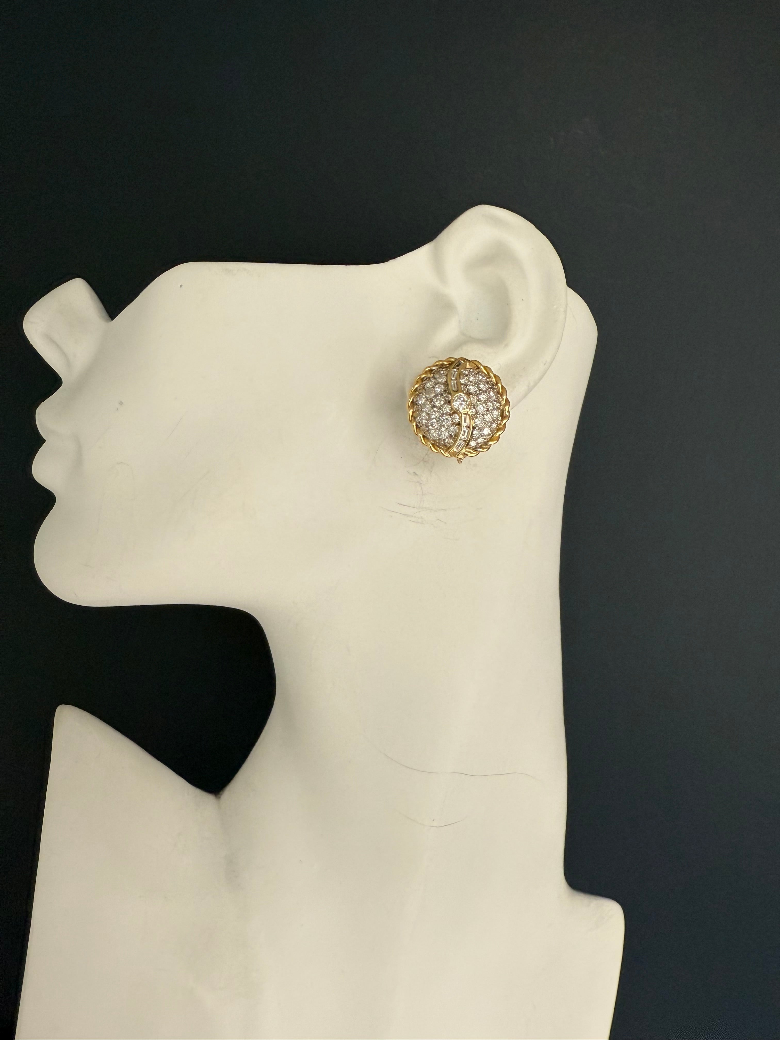 Retro Gold 3 Carat Natural Round & Baguette Colorless Diamond Earrings