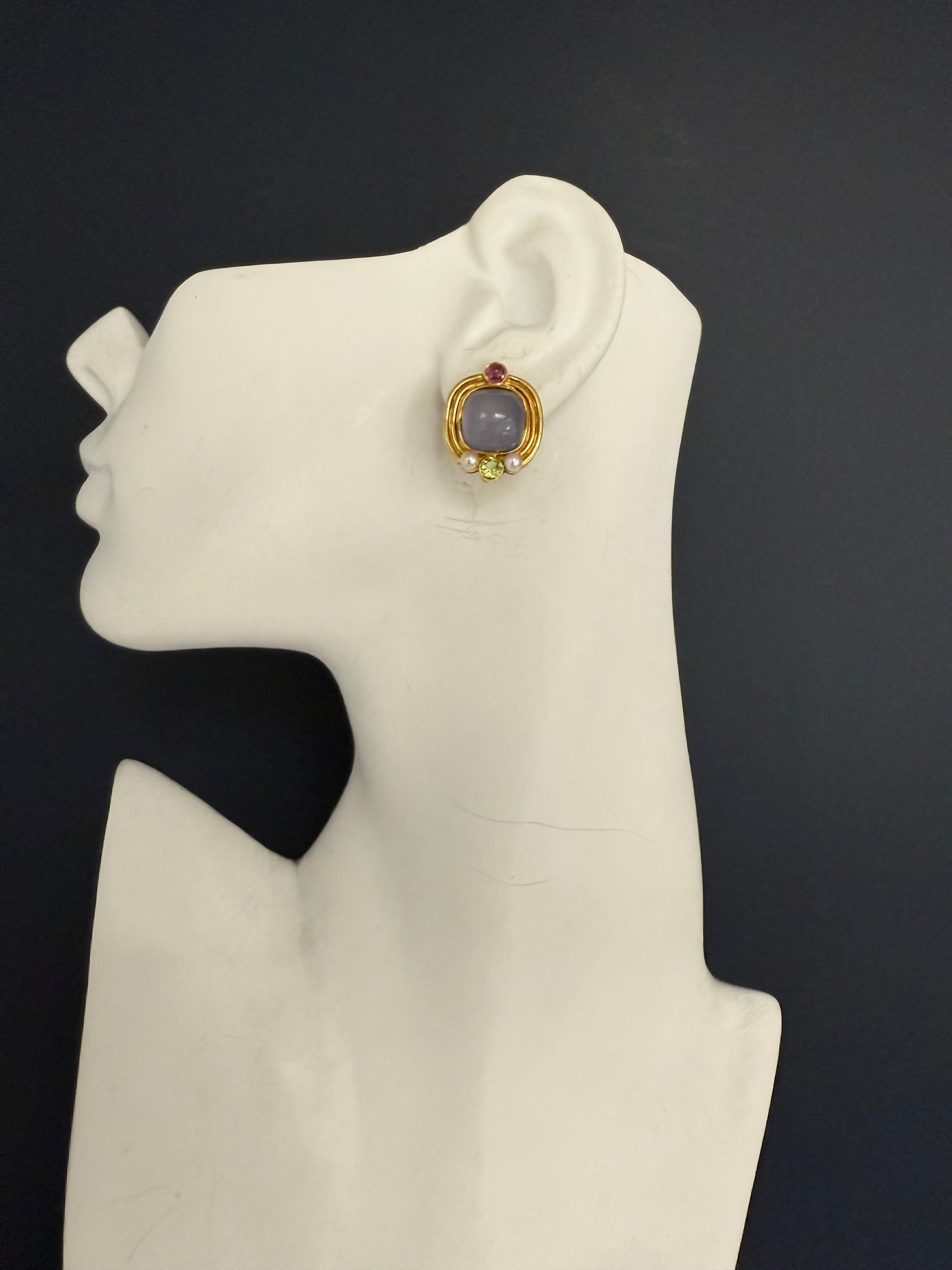 Retro Gold Cabochon Earrings with Chalcedony, Tourmaline & Peridot