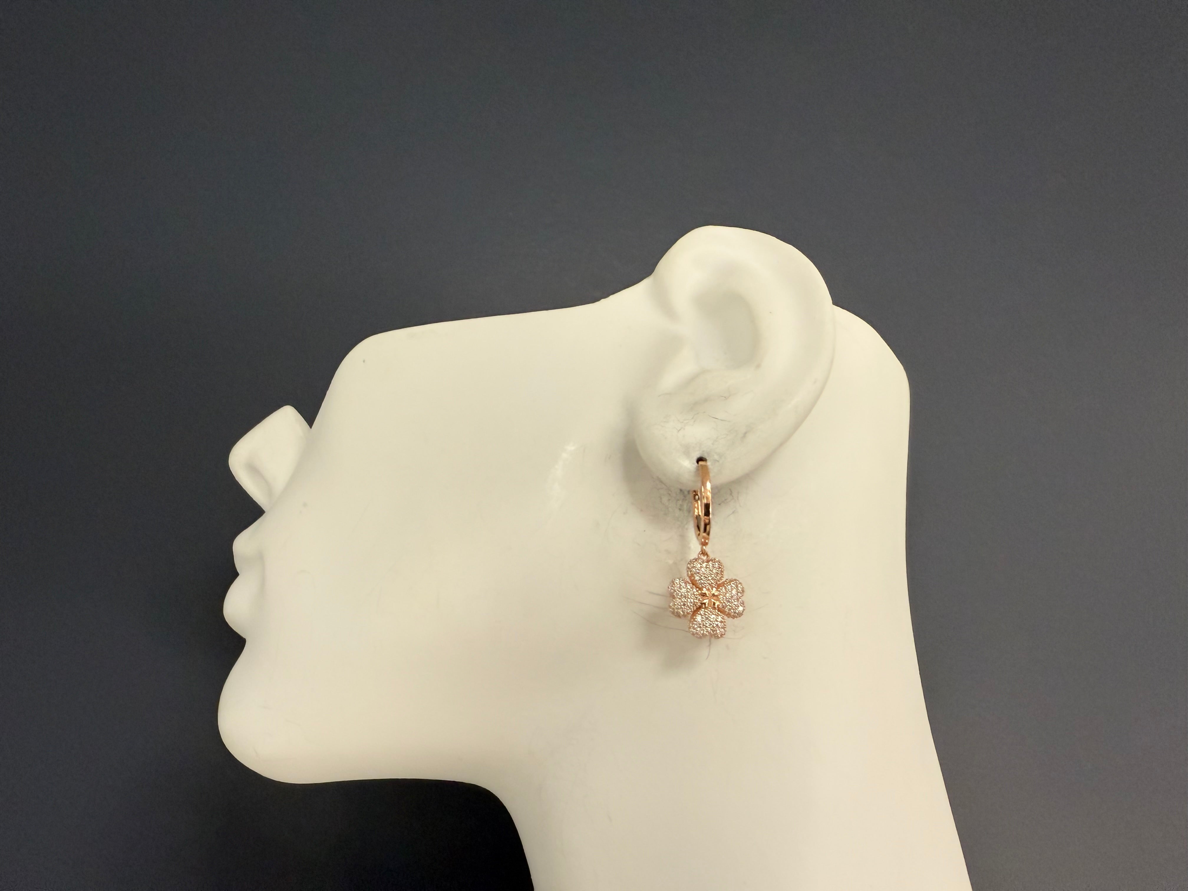 Modern 14K Rose Gold 1.25ct Natural Diamond Flower Clover Drop Earrings