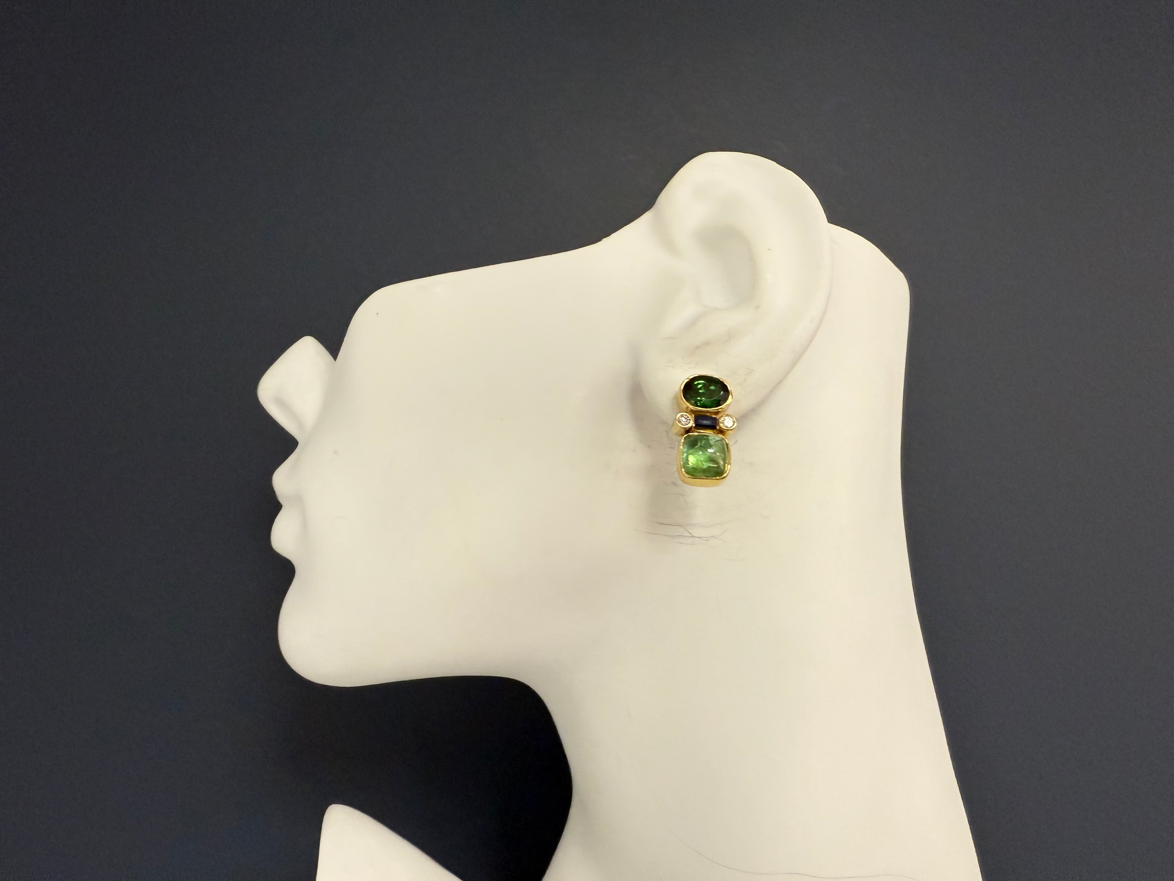 Retro Gold Natural Diamond and Tourmaline Statement Earrings, Circa 1970