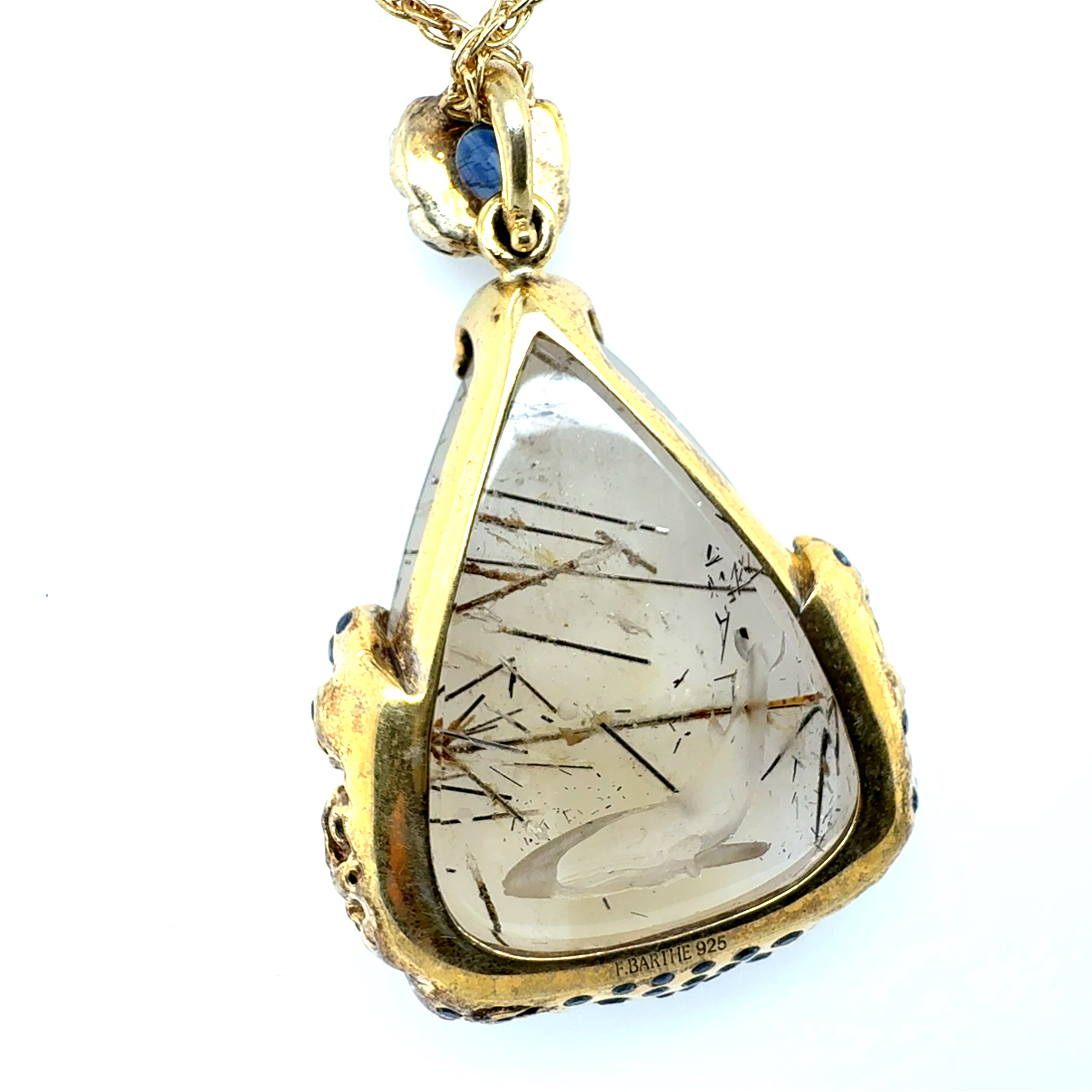 Retro 925 Silver Blue Sapphire, Quartz,  Kyanite Statement Pendant by F. Barthe