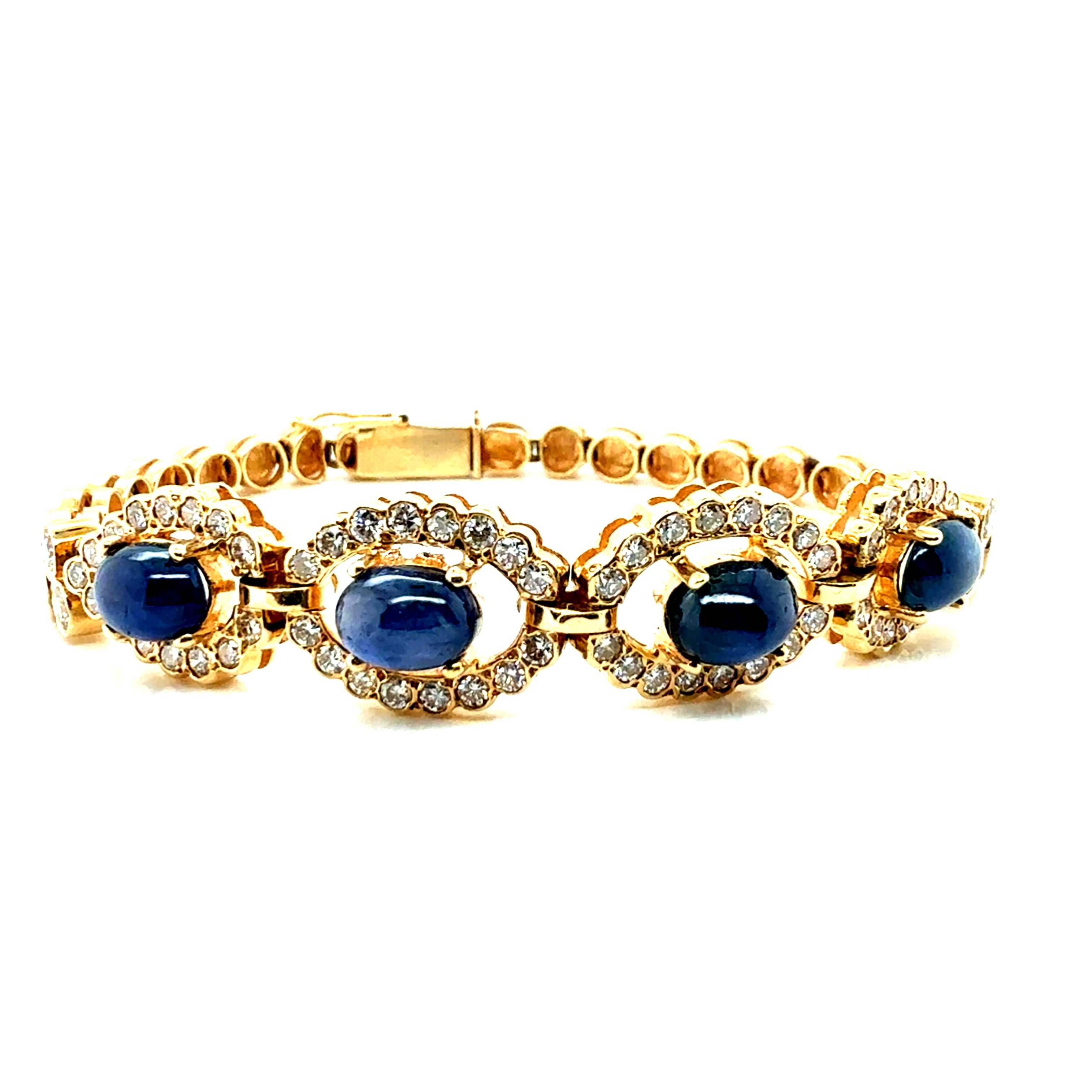 Retro Gold 6 Carat Natural Diamond & Blue Sapphire CAB Bracelet Circa 1980