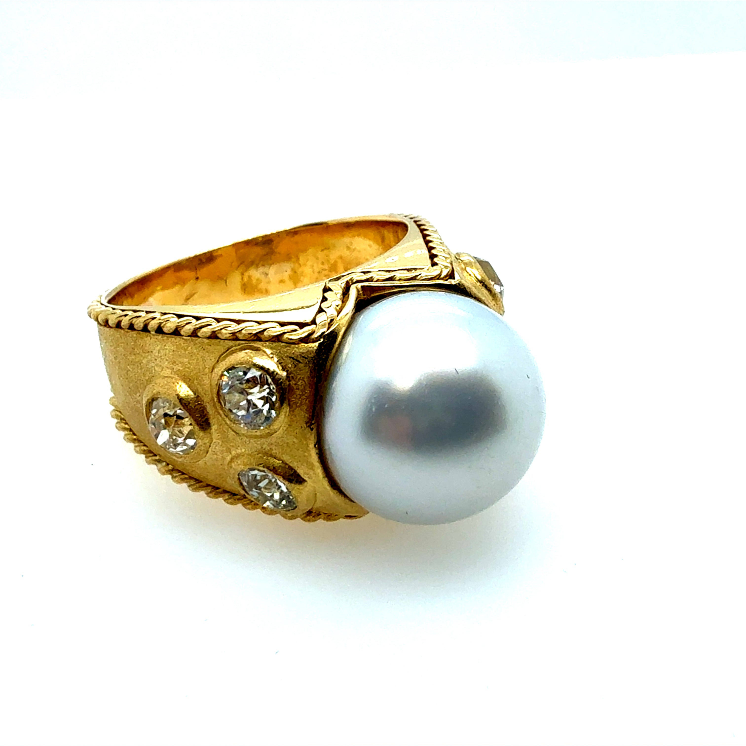 Retro Gold Natural 1 CT Old Mine Cut Diamond & South Sea Pearl Ring Circa 1990