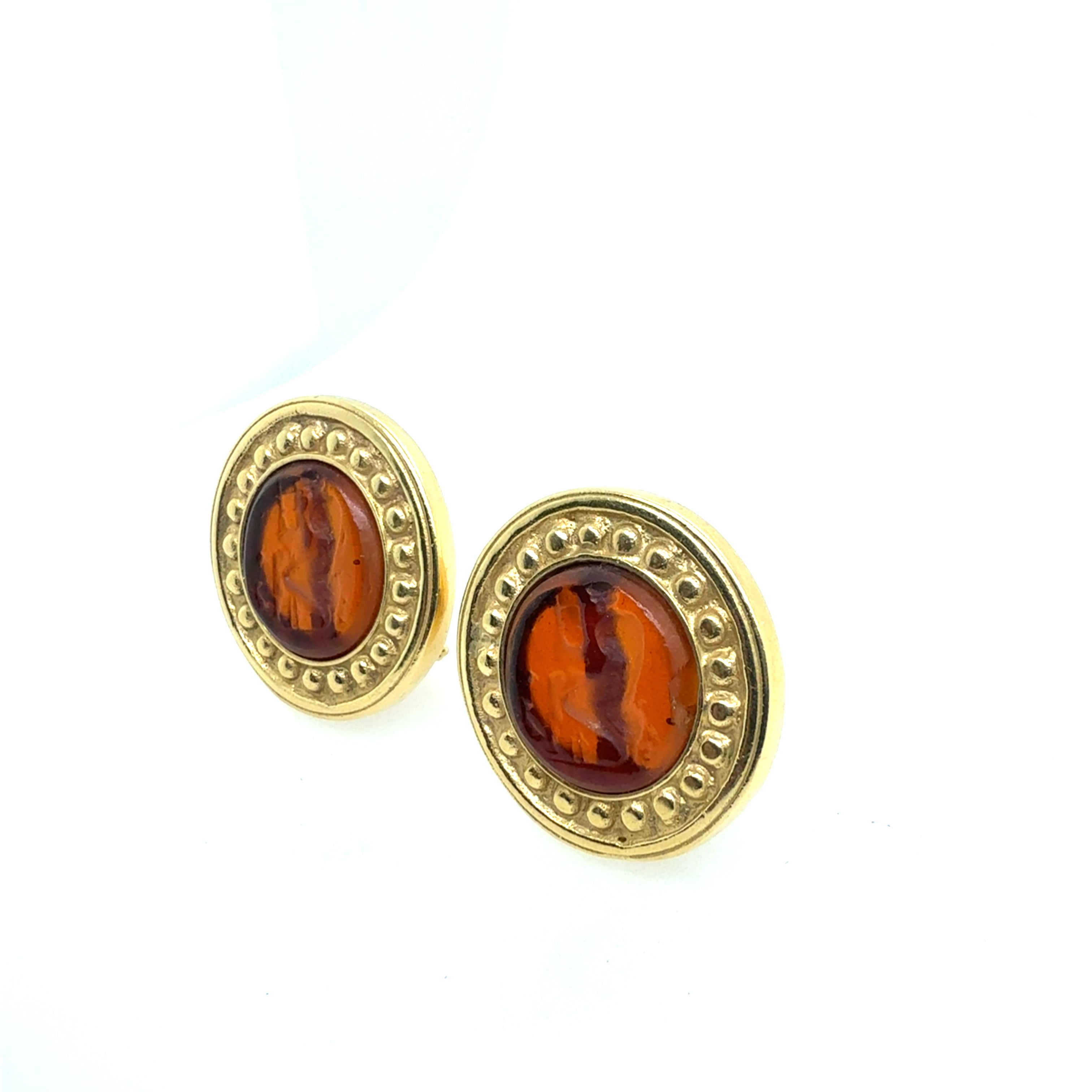 Retro Yellow Gold Amber-Colored Intaglio Statement Earrings Circa 1995