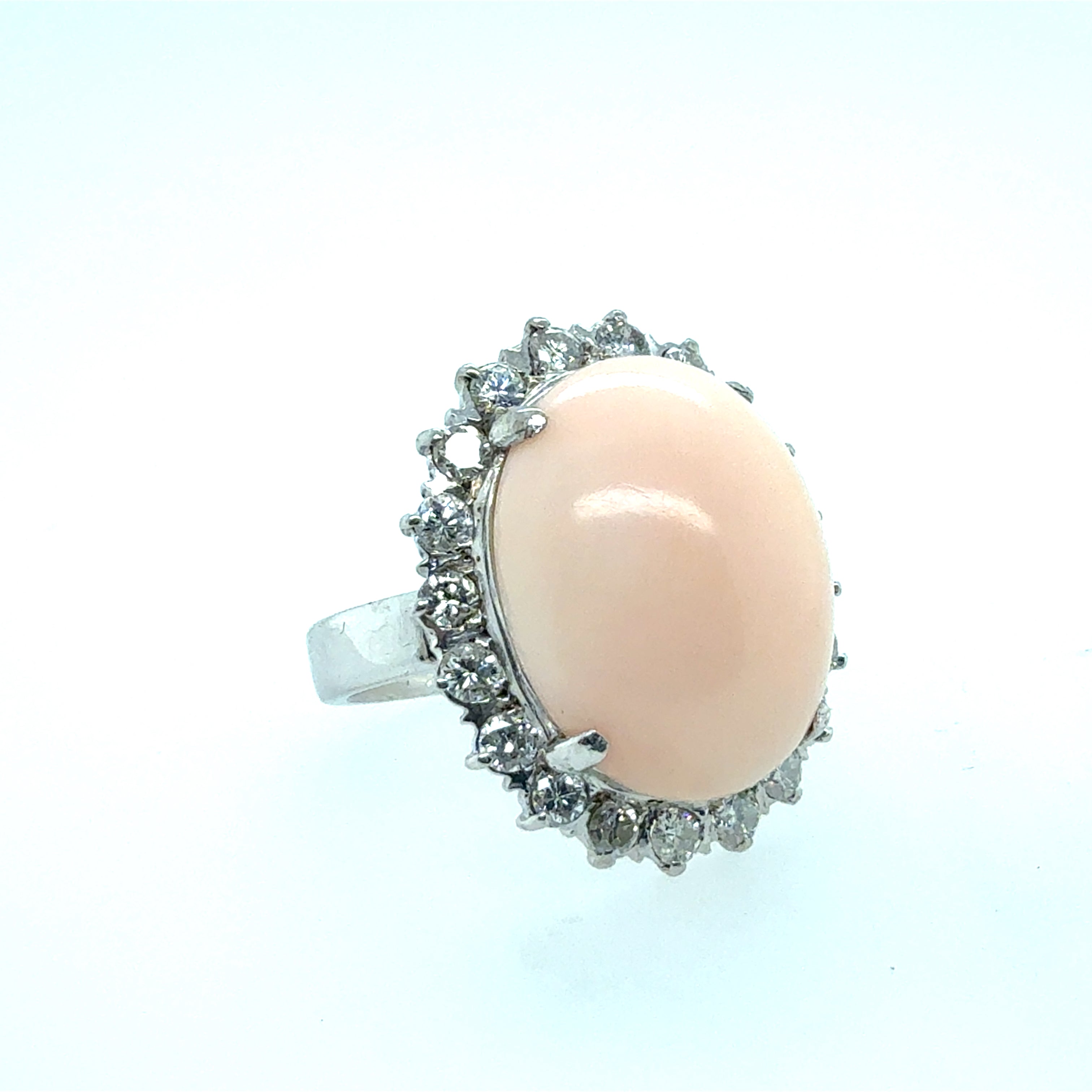Retro White Gold Pink Coral & Natural Diamond Statement Ring Circa 1970