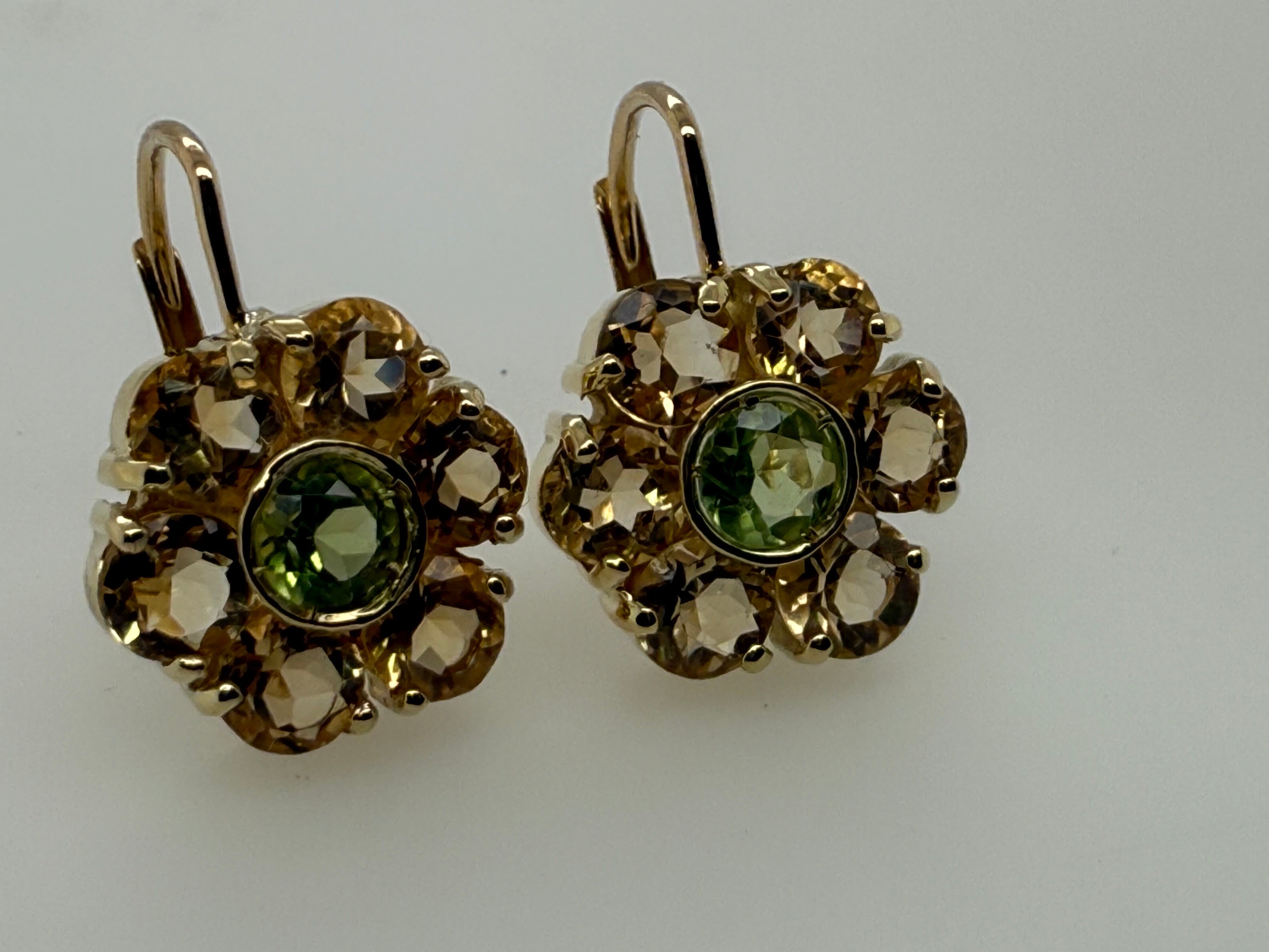 Modern Yellow Gold Green Peridot and Citrine Quartz Statement Earrings