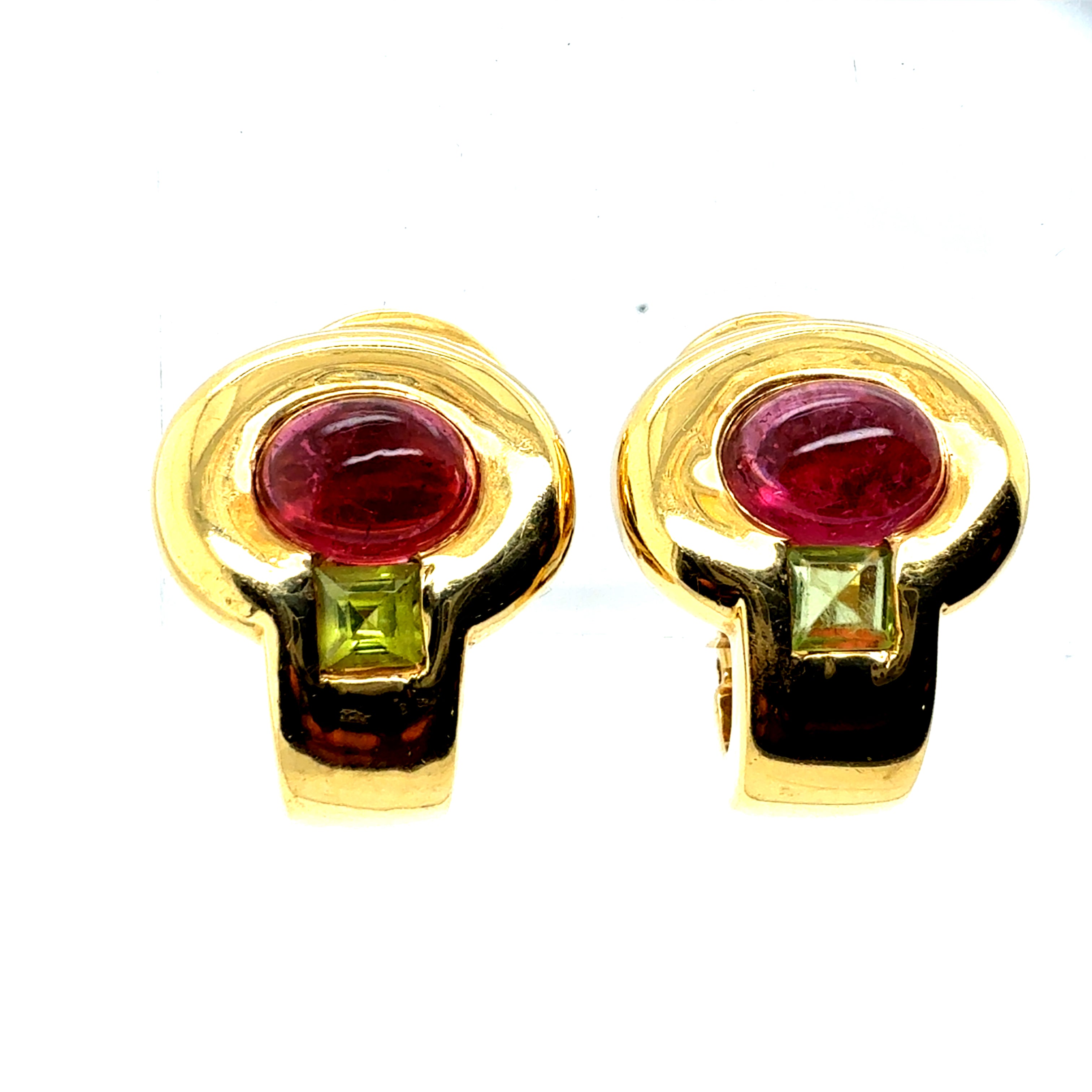 Retro Gold Natural Cabochon Tourmaline & Peridot Clip Earrings Circa 1980