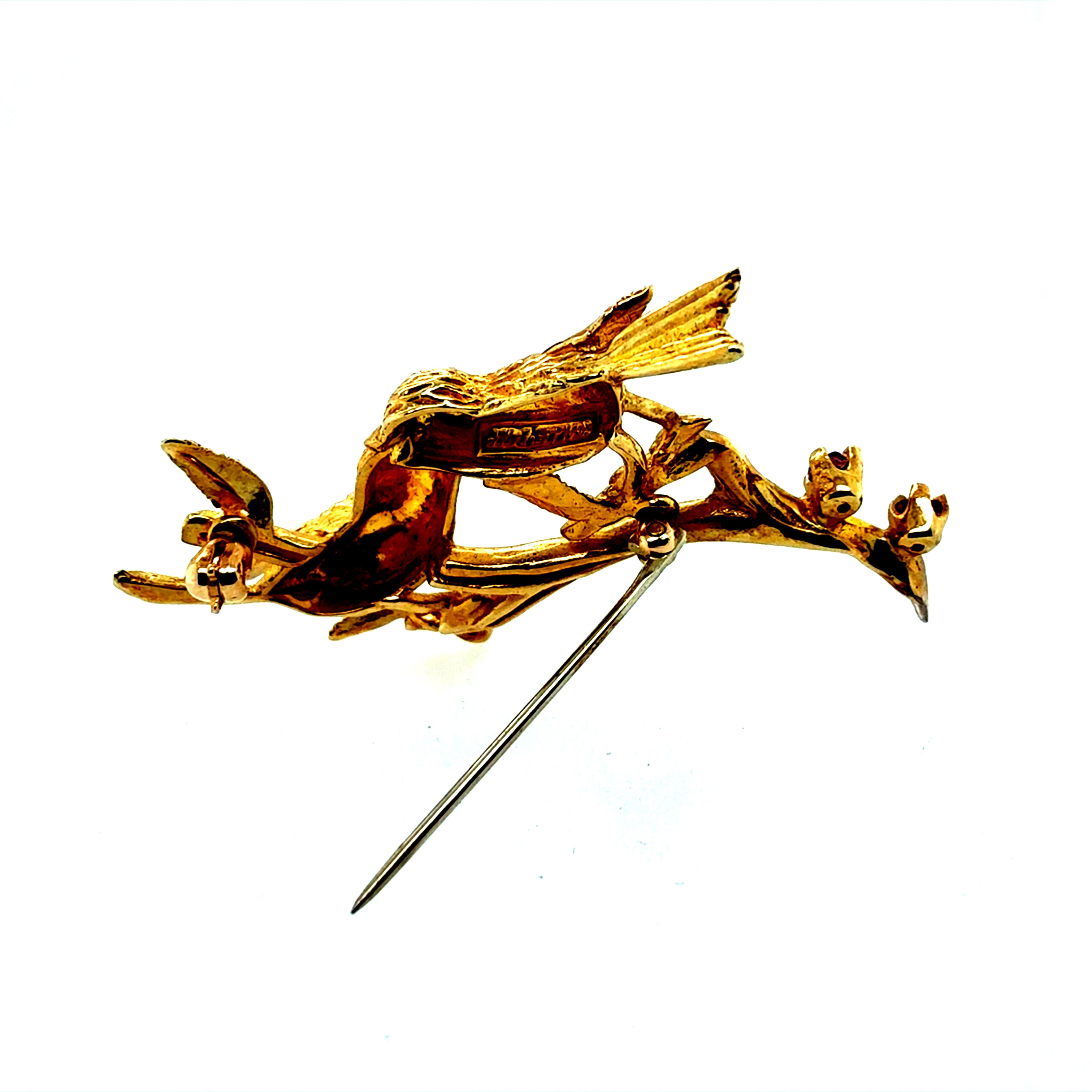 Retro Yellow Gold Birds on a Branch Gem Brooch Circa 1985