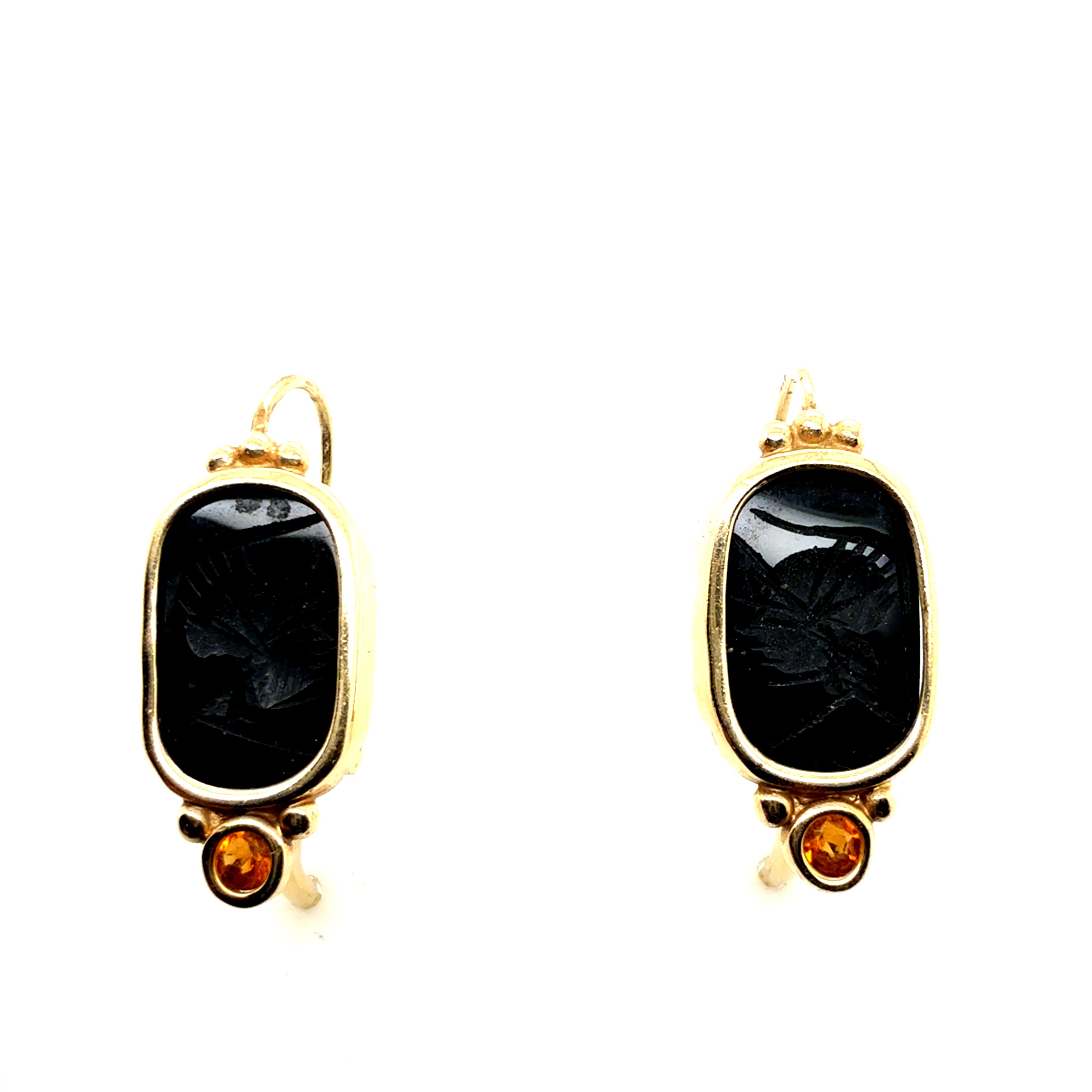 Retro Gold Roman Black Onyx Intaglio Earrings with Citrine 1985