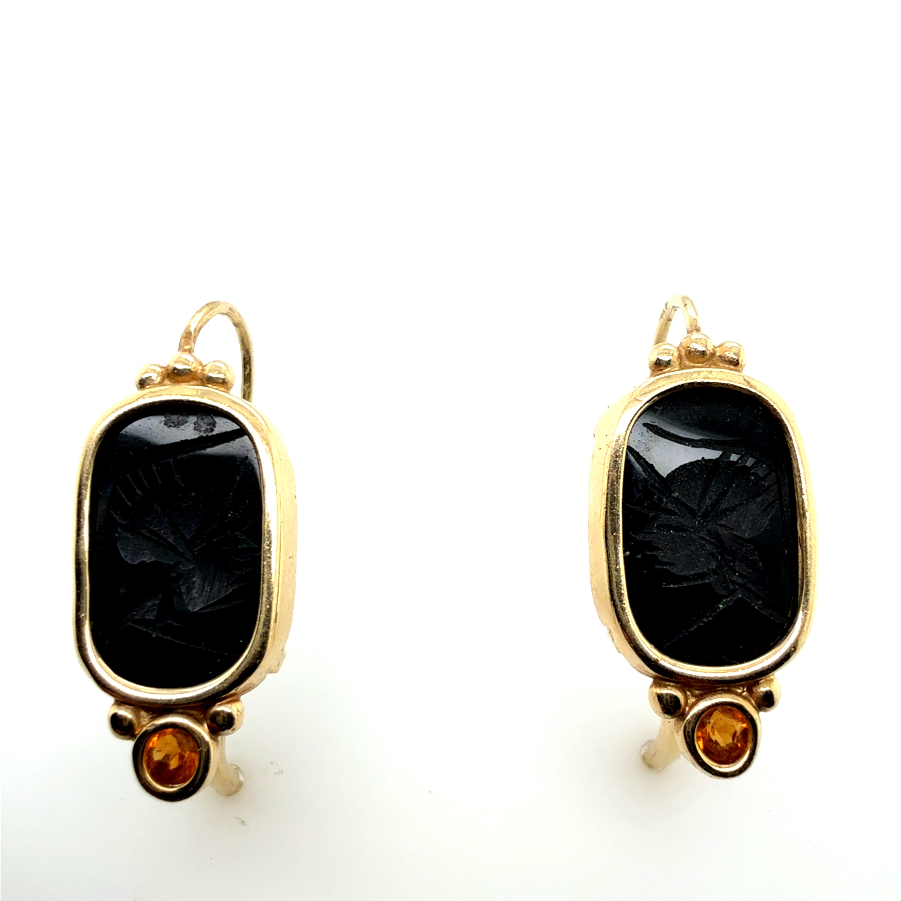 Retro Gold Roman Black Onyx Intaglio Earrings with Citrine 1985