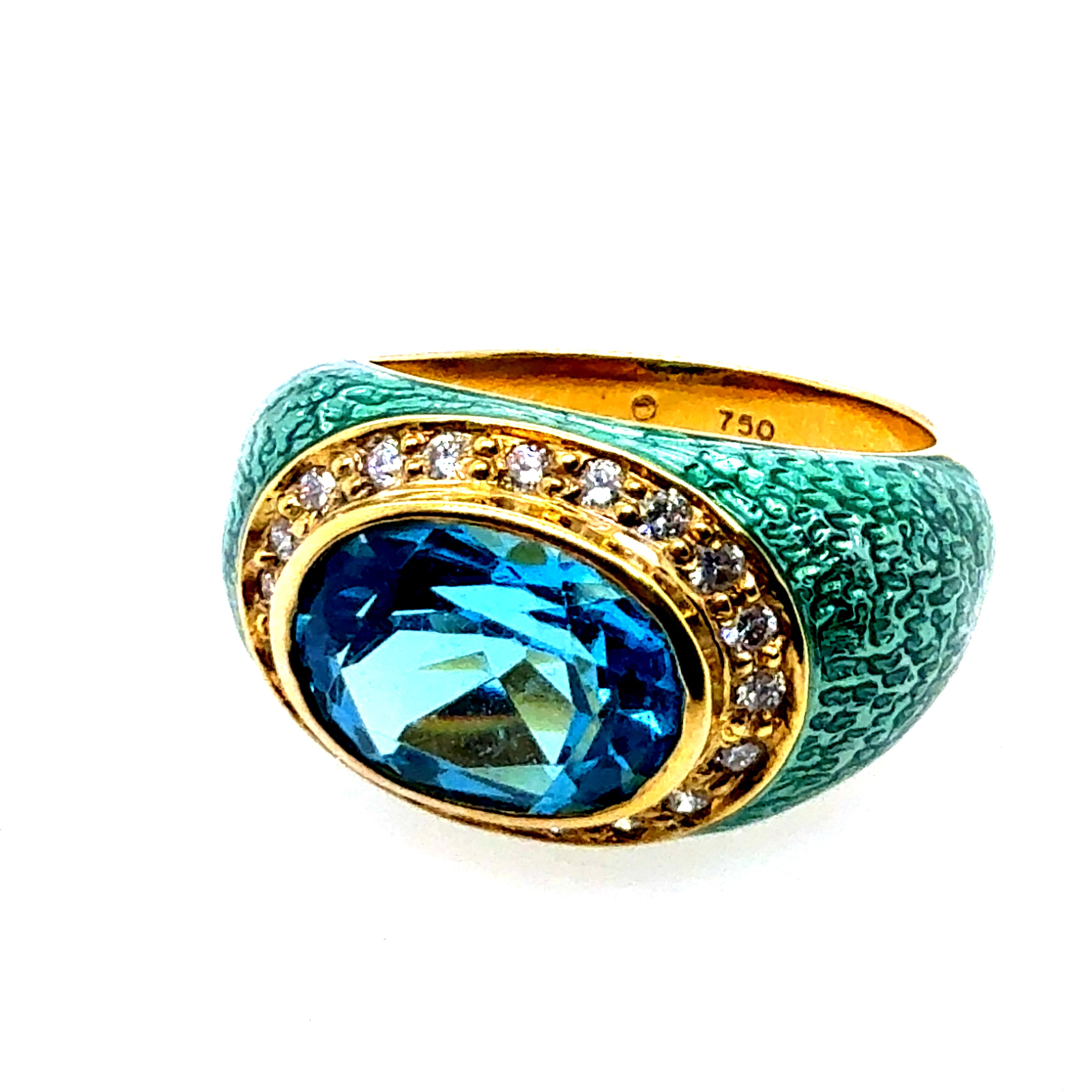 Modern Gold Natural Diamond, Blue Topaz & Enamel Statement Ring by Hidalgo