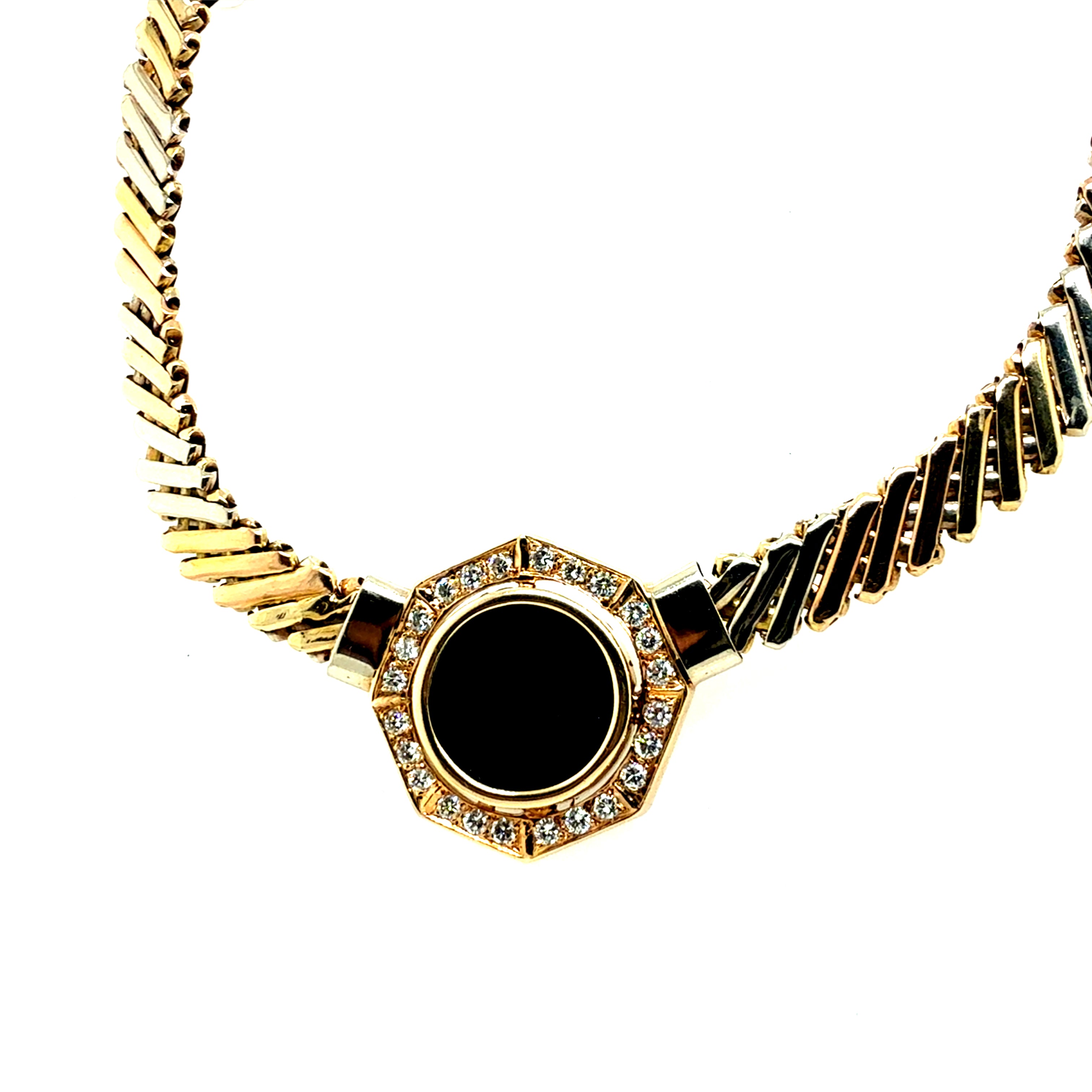Retro Gold Tri-Color 0.75 CT Diamond and Onyx Statement Necklace Circa 1970