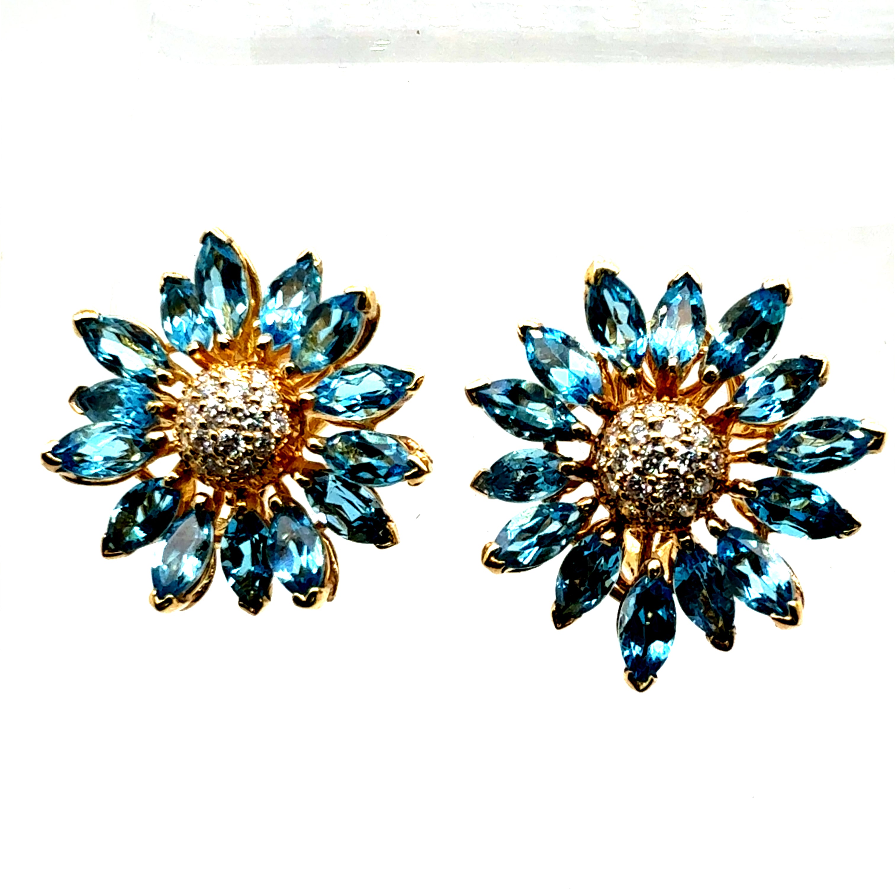 Retro Gold Natural Marquise London Blue Topaz Diamond Floral Earrings Circa 1970