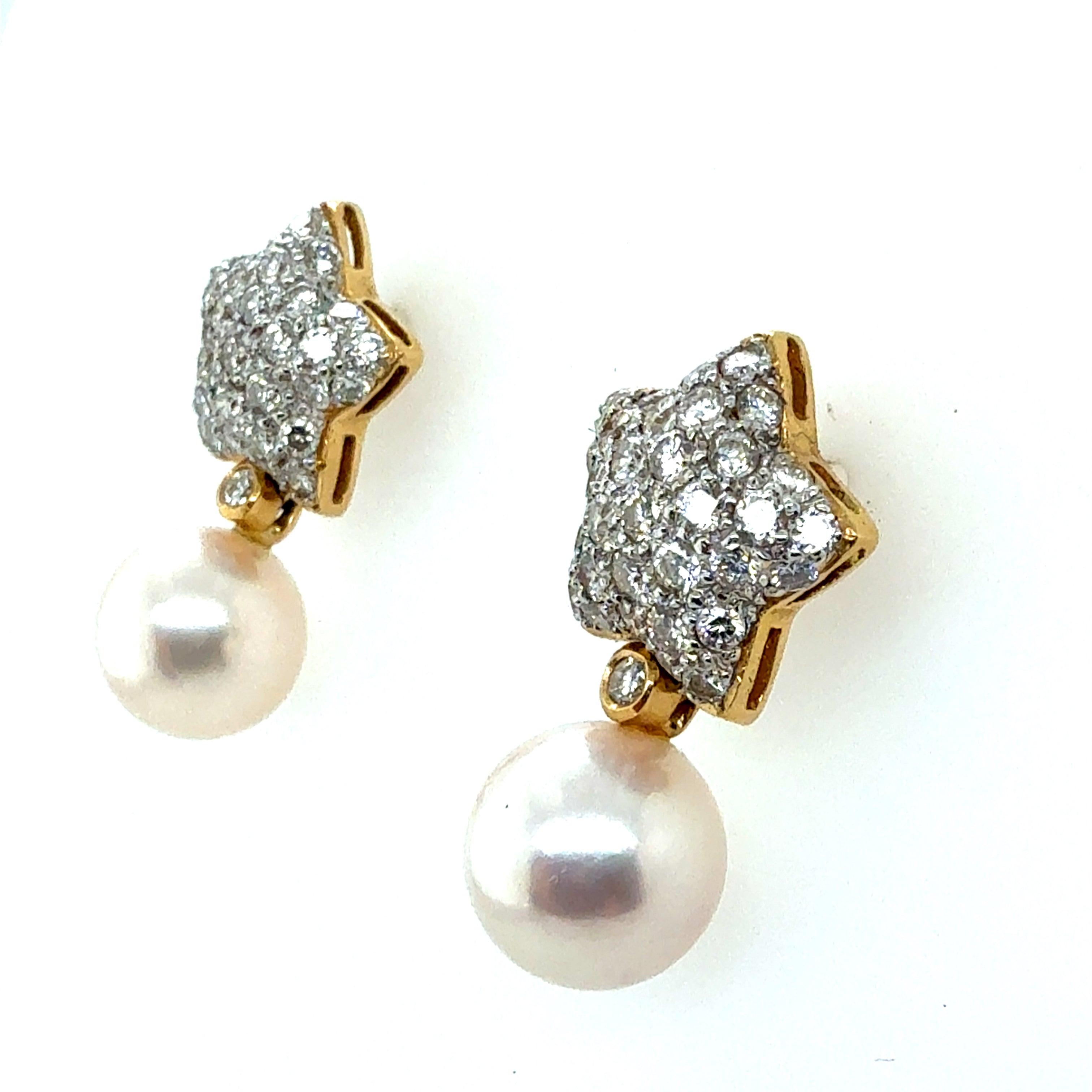 Modern Gold 1.5 Carat Natural Diamond and South Sea Pearl Star Earrings