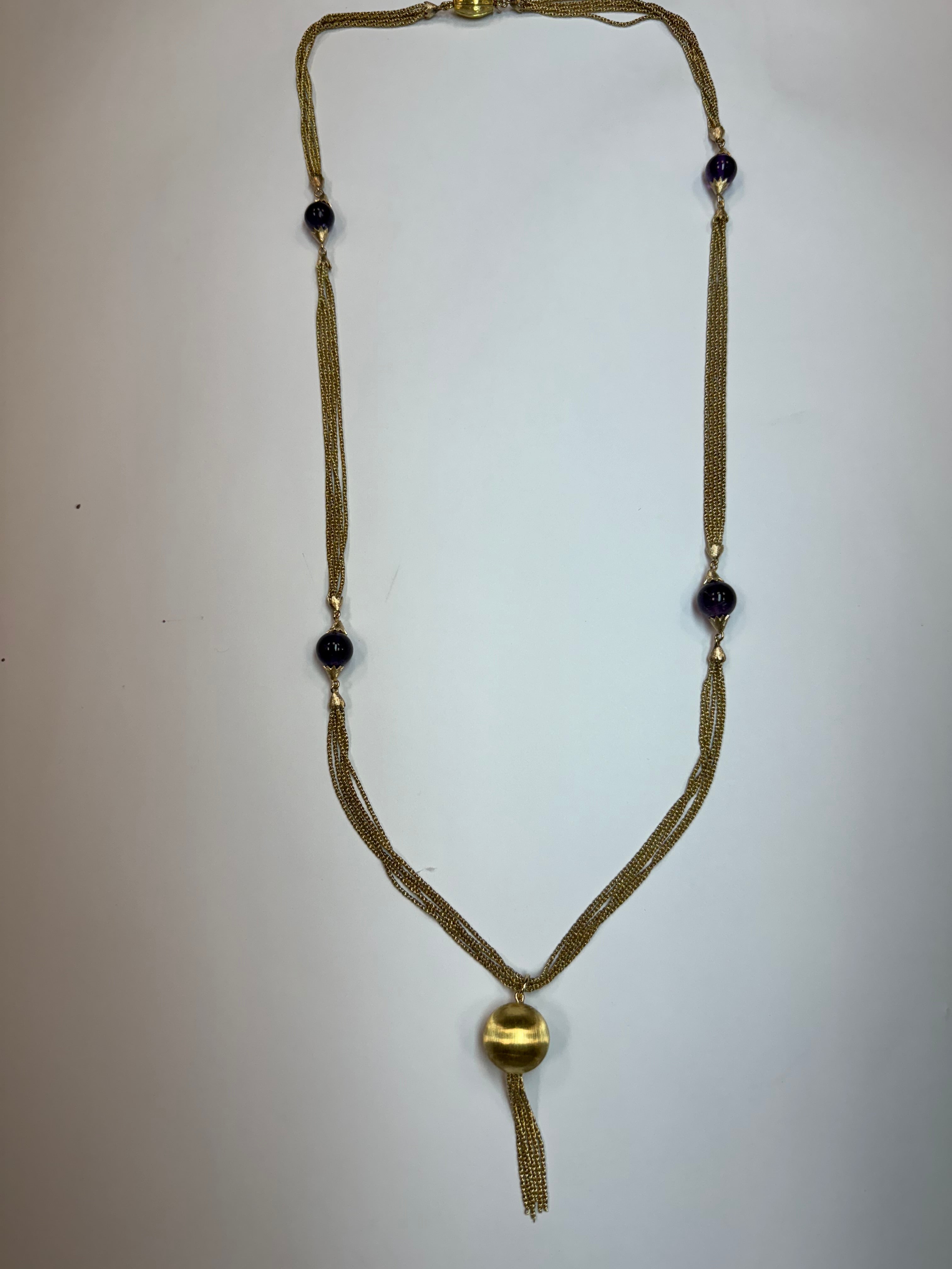 Retro 18K Gold Five Strand Amethyst Opera Necklace Circa 1970