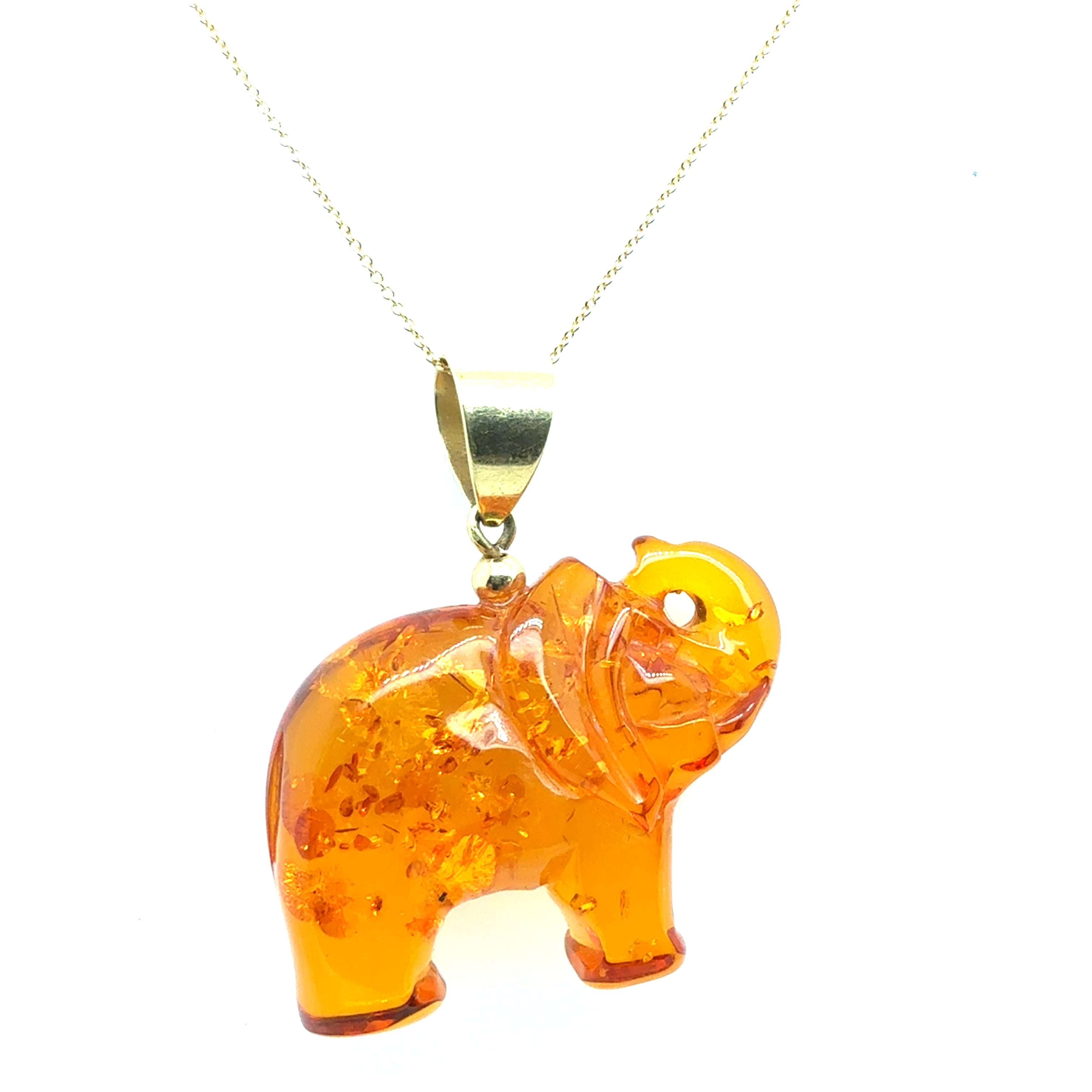 Retro Yellow Gold Elephant Amber Pendant Statement Circa 1980