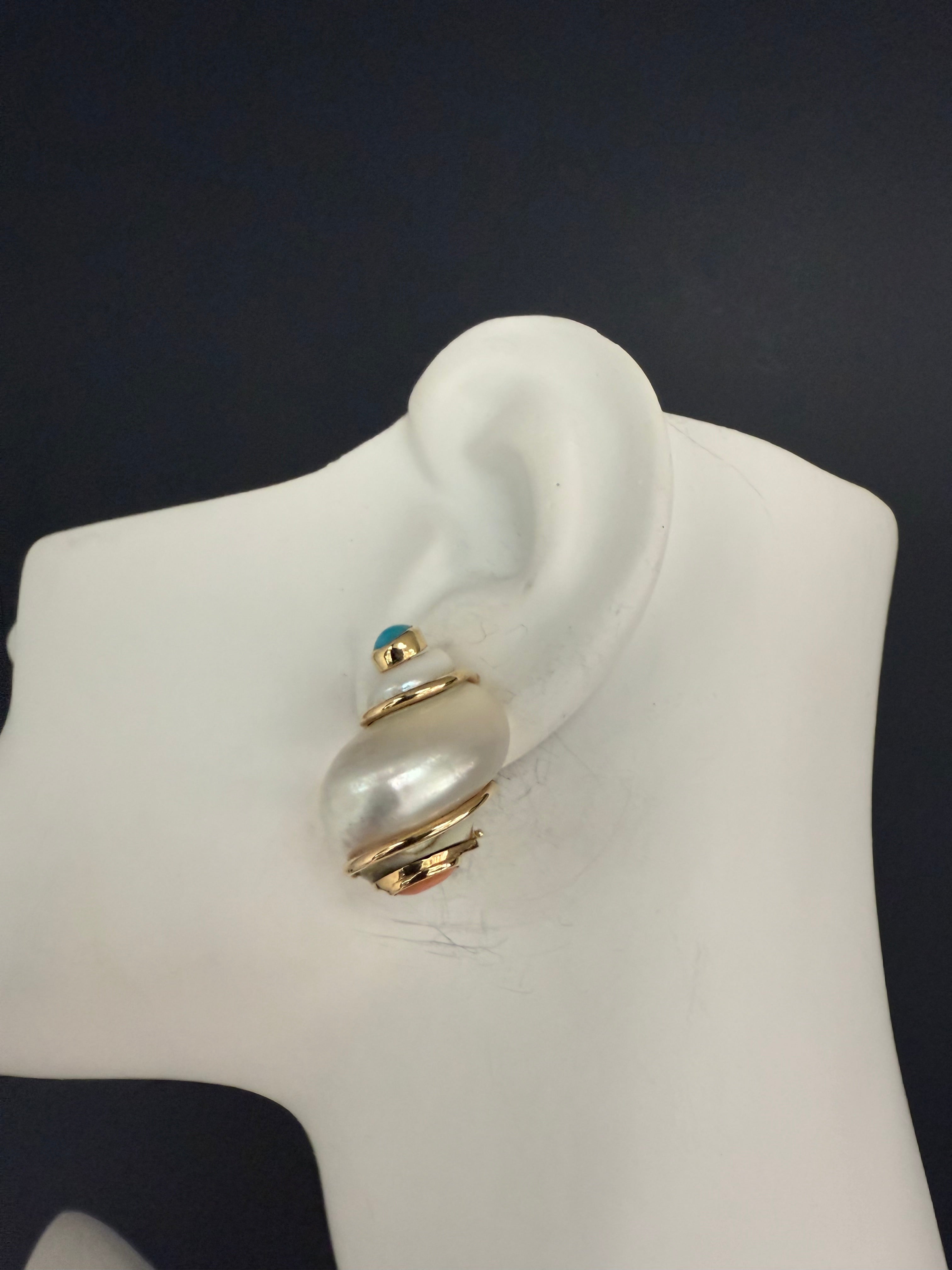 Retro Gold Signed Seaman Schepps Turbo Shell Turquoise & Coral Statement Earrings