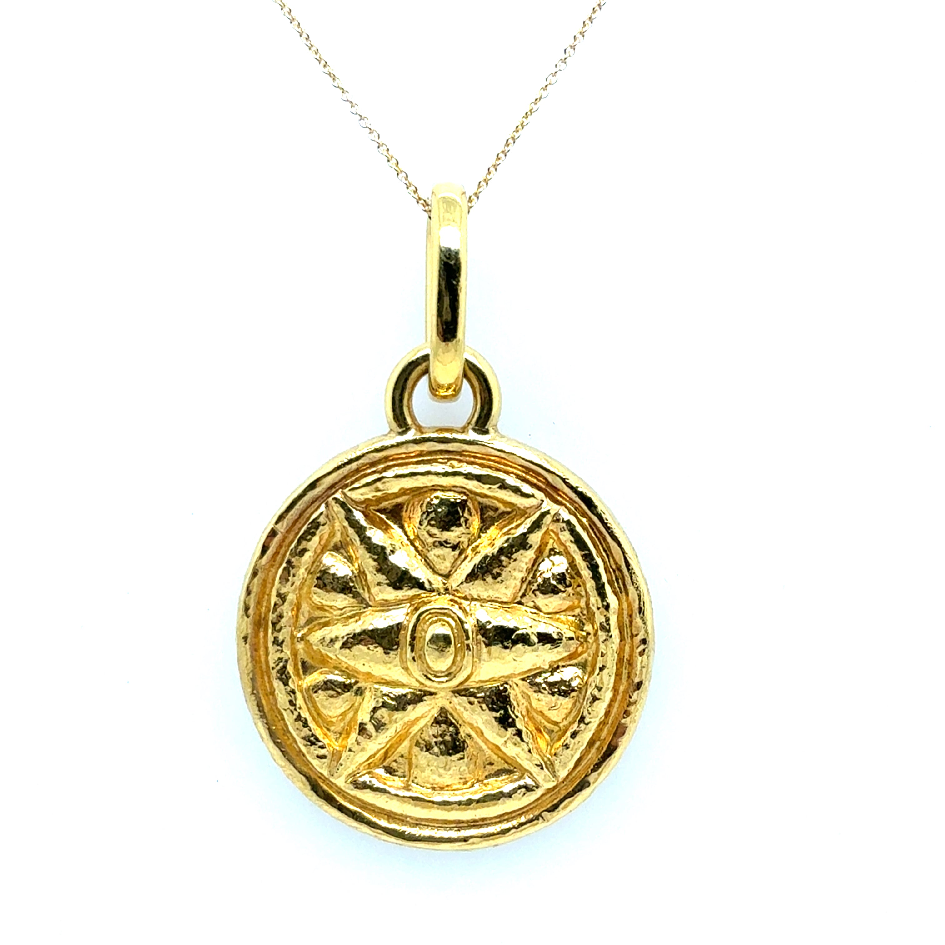Retro Yellow Gold Six-Point Circular Sun Medallion Pendant Circa 1990