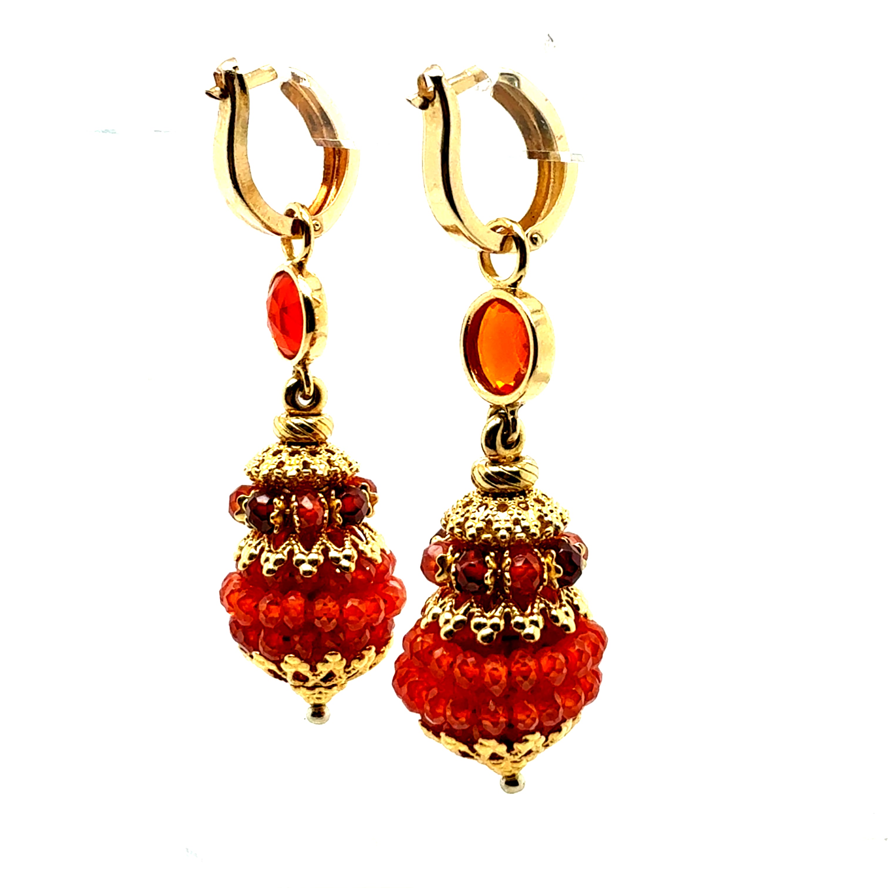 Retro Gold Drop Earrings with Layered Orange Mexican Rose Cut Opals