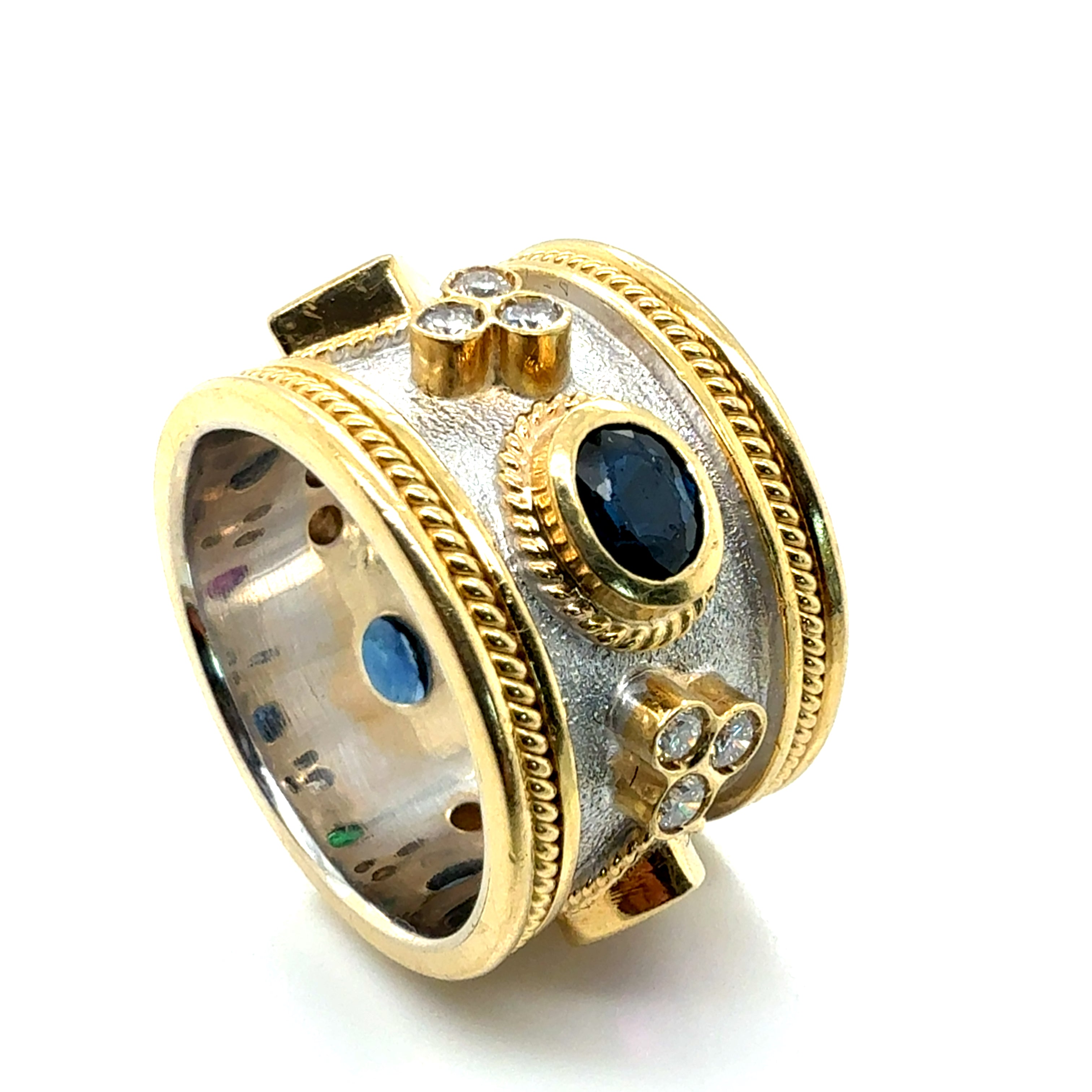 Retro Two-Tone Gold Natural Multi Color Gem & Diamond Statement Band