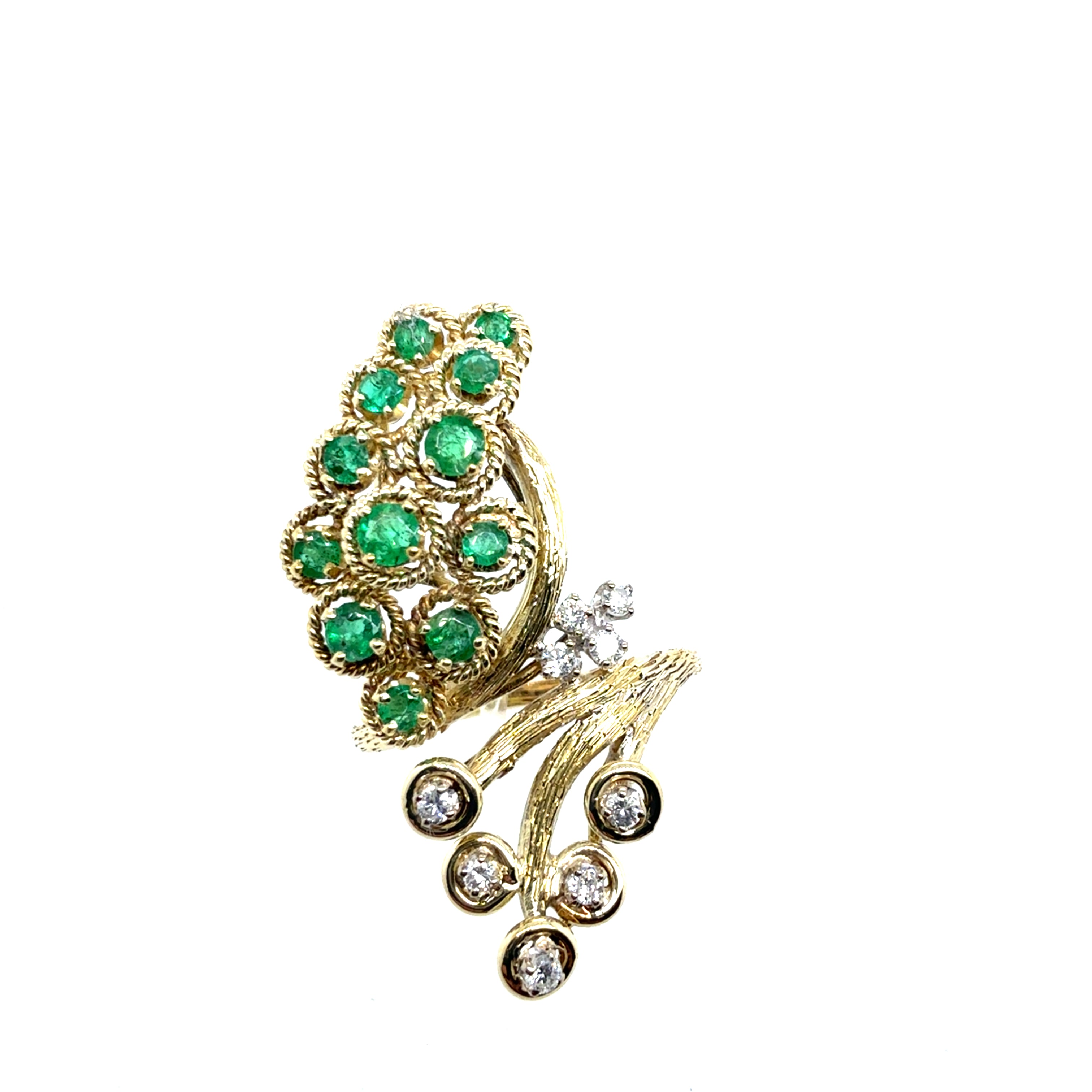 Retro Yellow Gold 0.65 CT Natural Diamond & Emerald Cocktail Ring Circa 1960