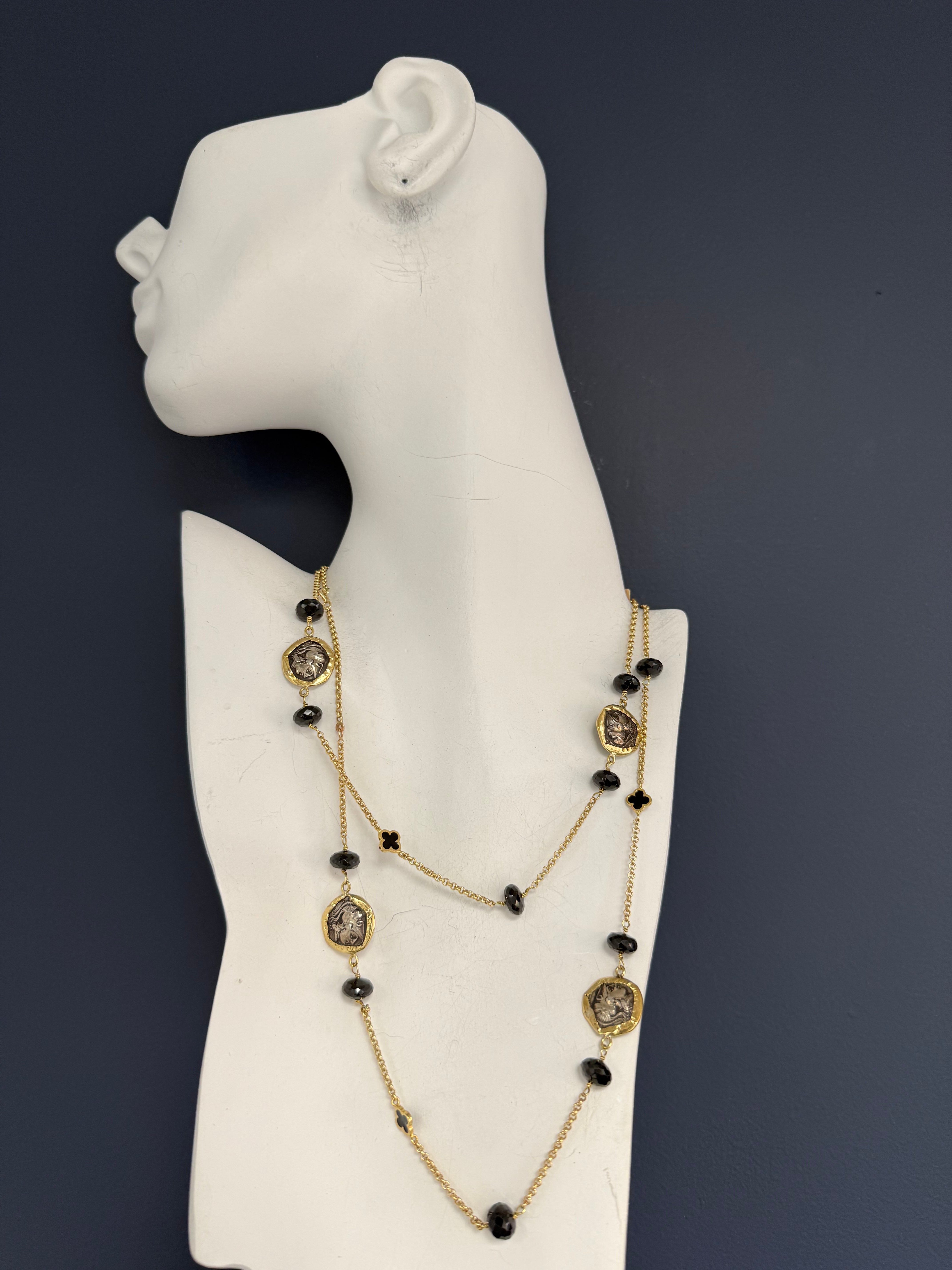 Retro Gold Ancient Greek Helios Coin 36 Inch Statement Necklace by Misento