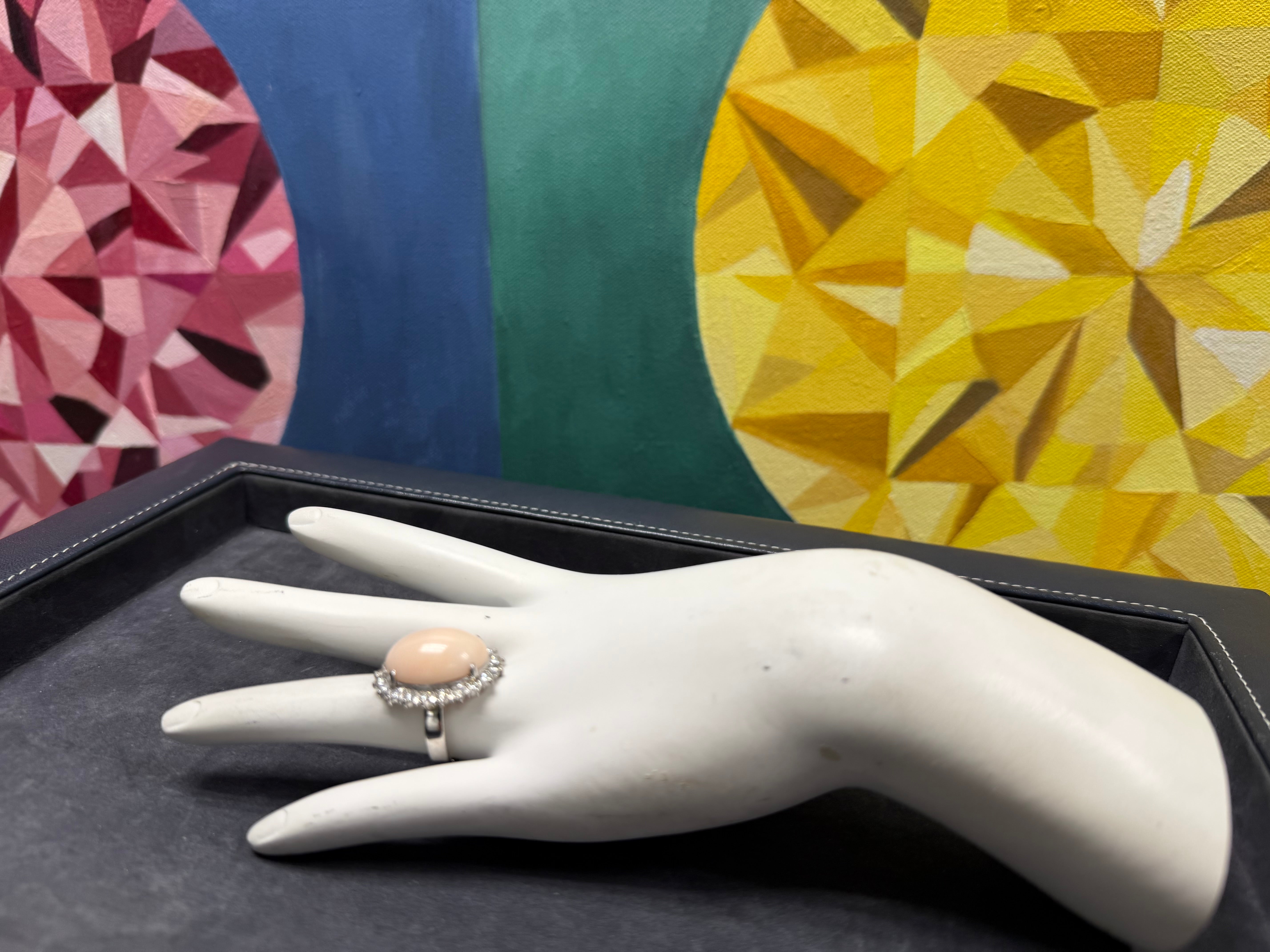 Retro White Gold Pink Coral & Natural Diamond Statement Ring Circa 1970