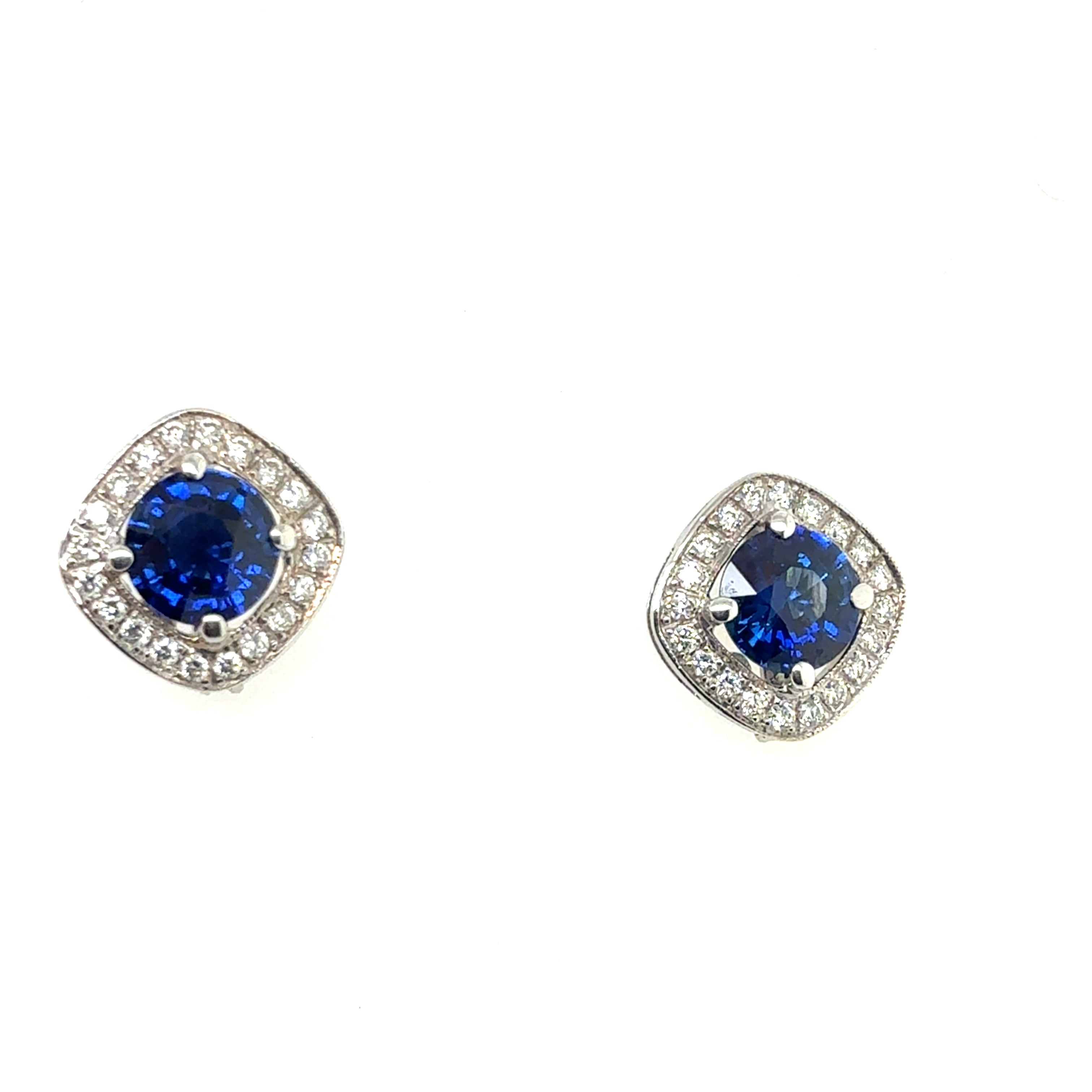 Modern Gold 2.8 Carats Natural Royal Blue Sapphire & Diamond Stud Halo Earrings