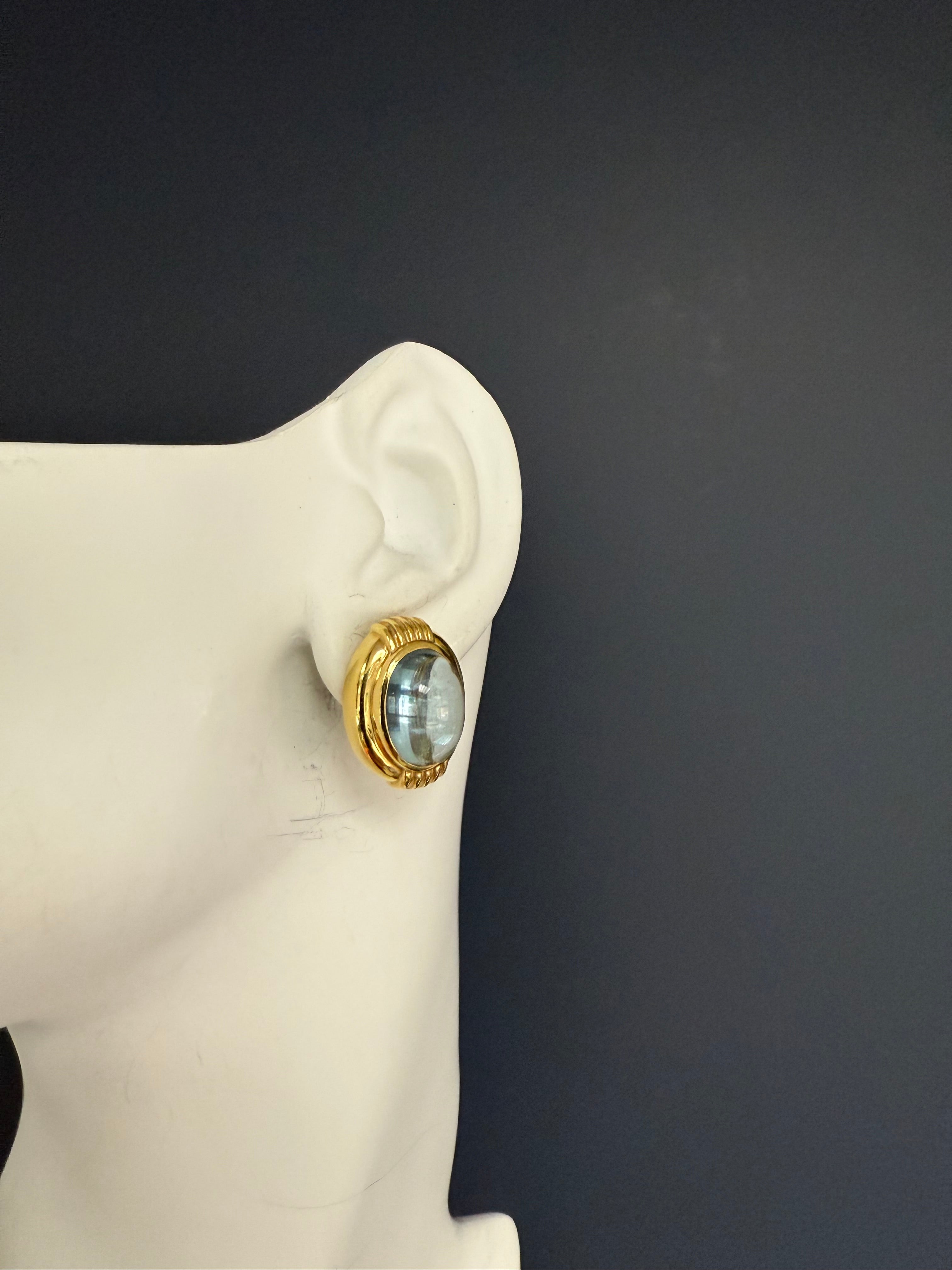 Retro Gold Natural Blue Topaz Cabochon Clip Earrings by Gump’s