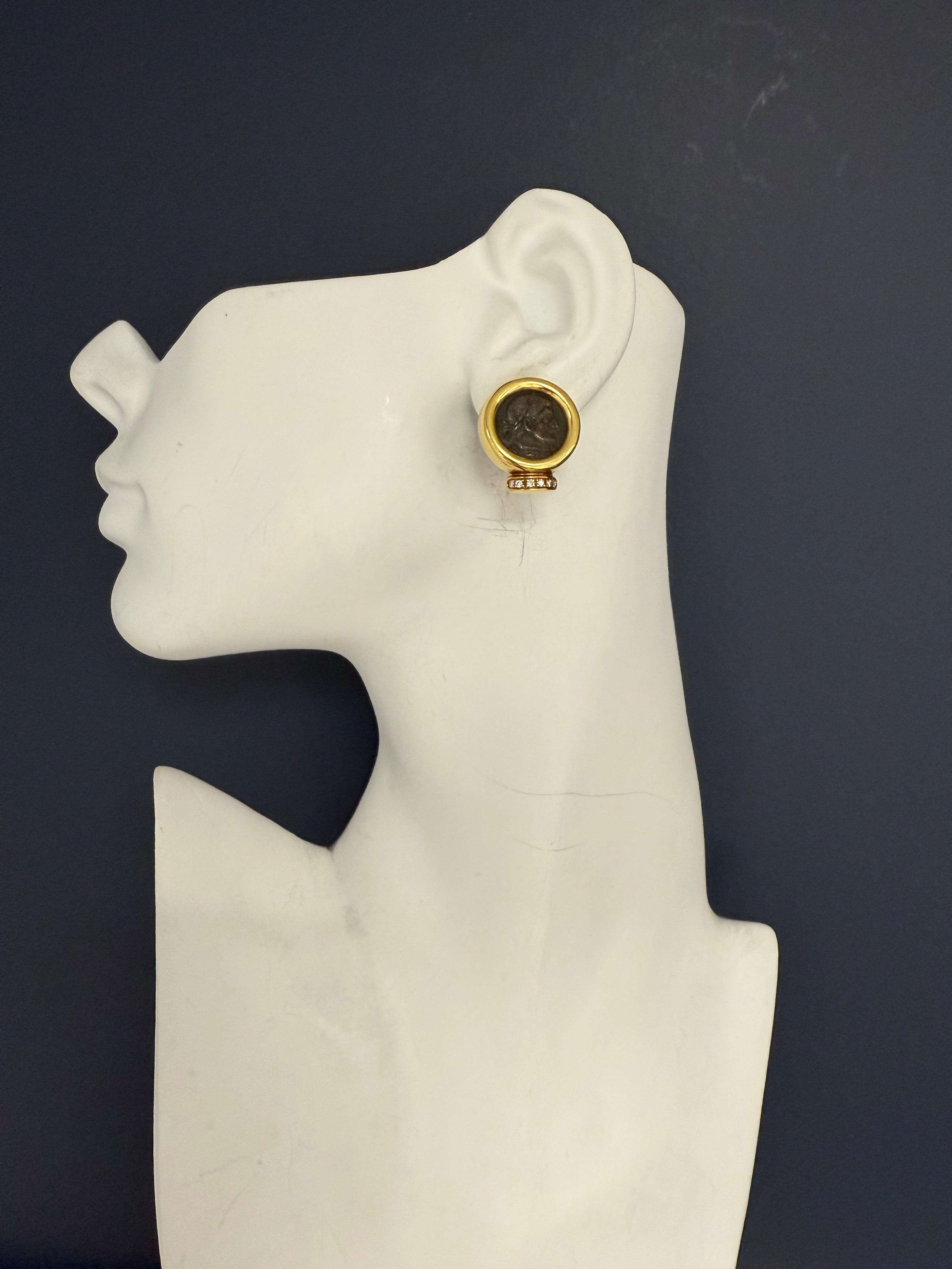 Retro Yellow Gold Roman Constantine Coin & Natural Diamond Statement Earrings