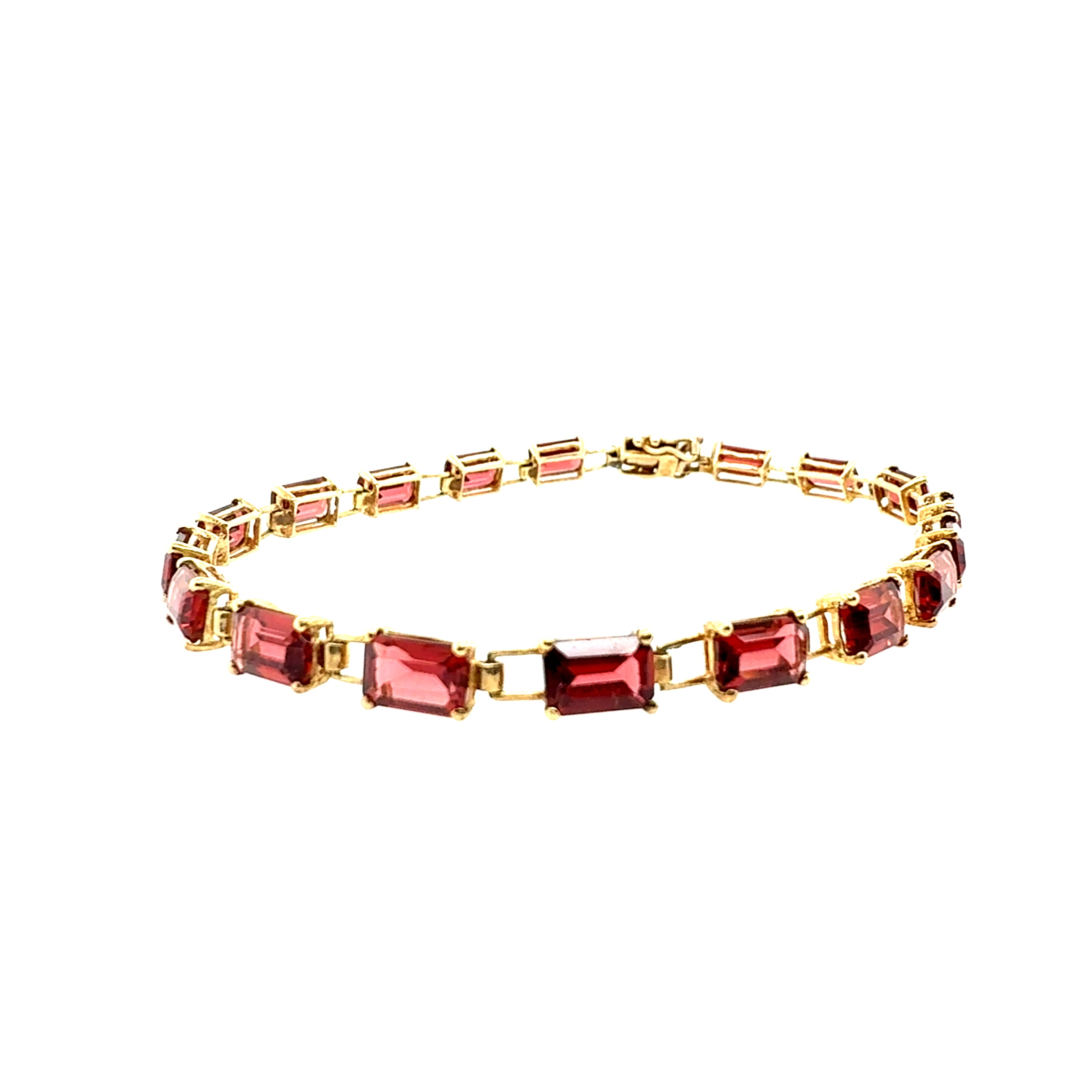 Retro Yellow Gold Reddish Garnet-Like Emerald Cut Tennis Bracelet