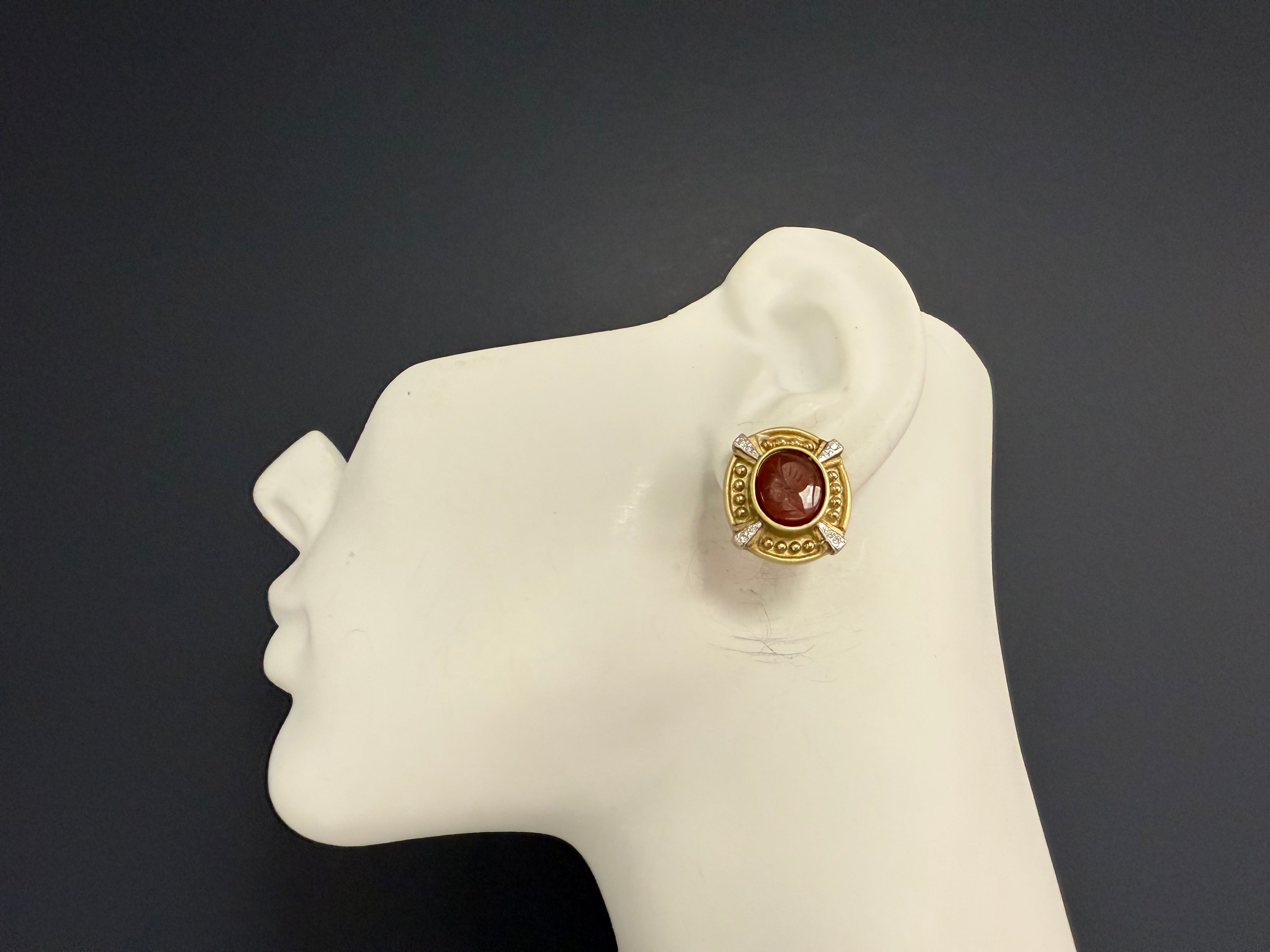 Retro Gold Natural Diamond and Roman Carnelian Intaglio Statement Earrings